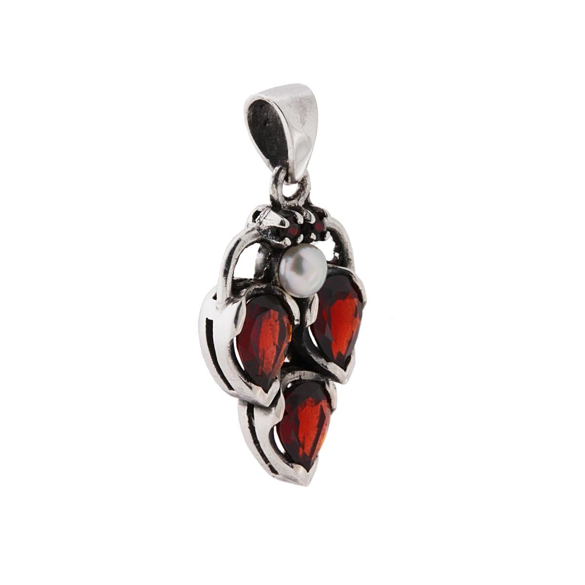 Ciondolo Etnico Foglia con Pietre Naturali Granato a Goccia e Perla in ARGENTO 925