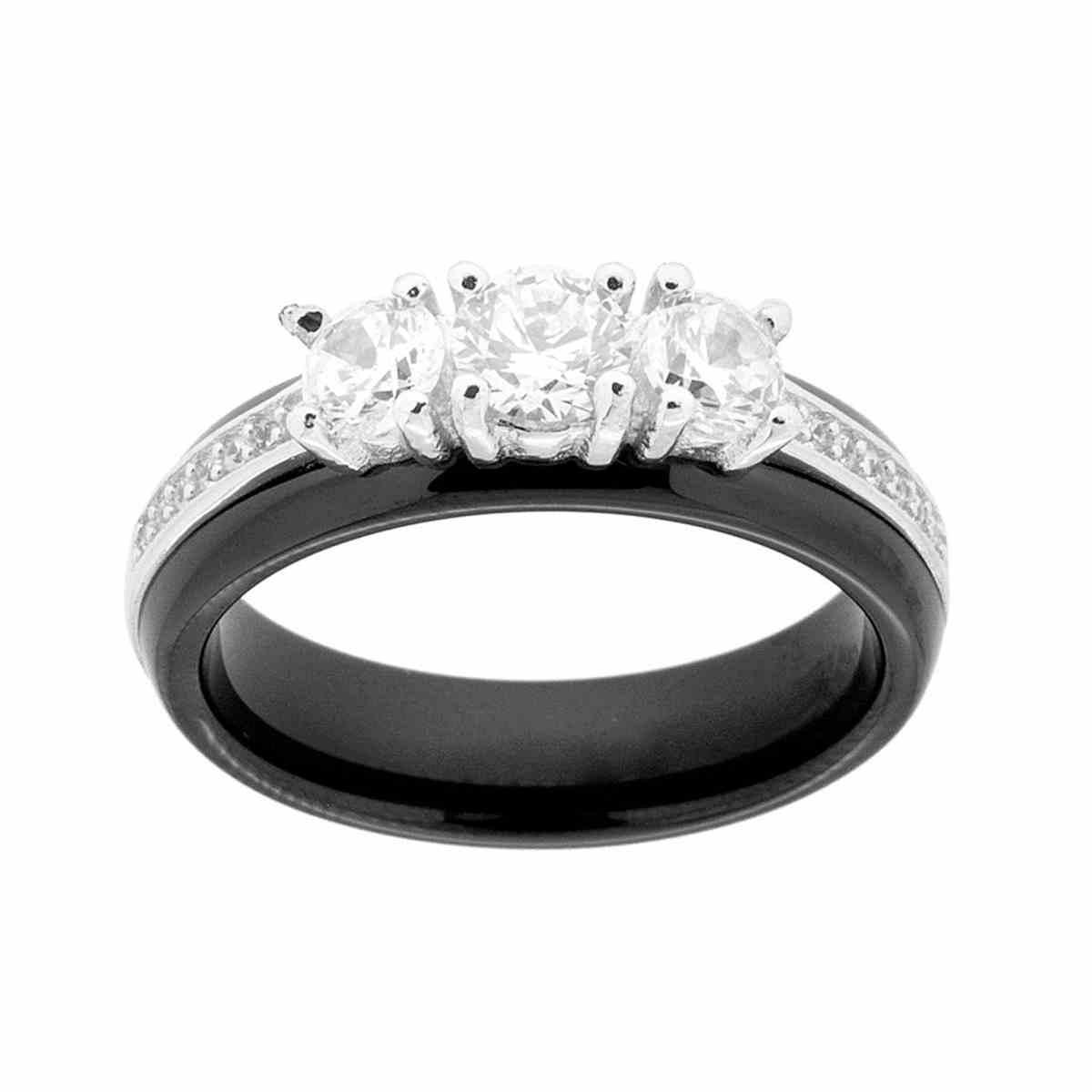 Anello Trilogy in Ceramica Nera con Zirconi Bianchi in ARGENTO 925 Galvanica Rodio
