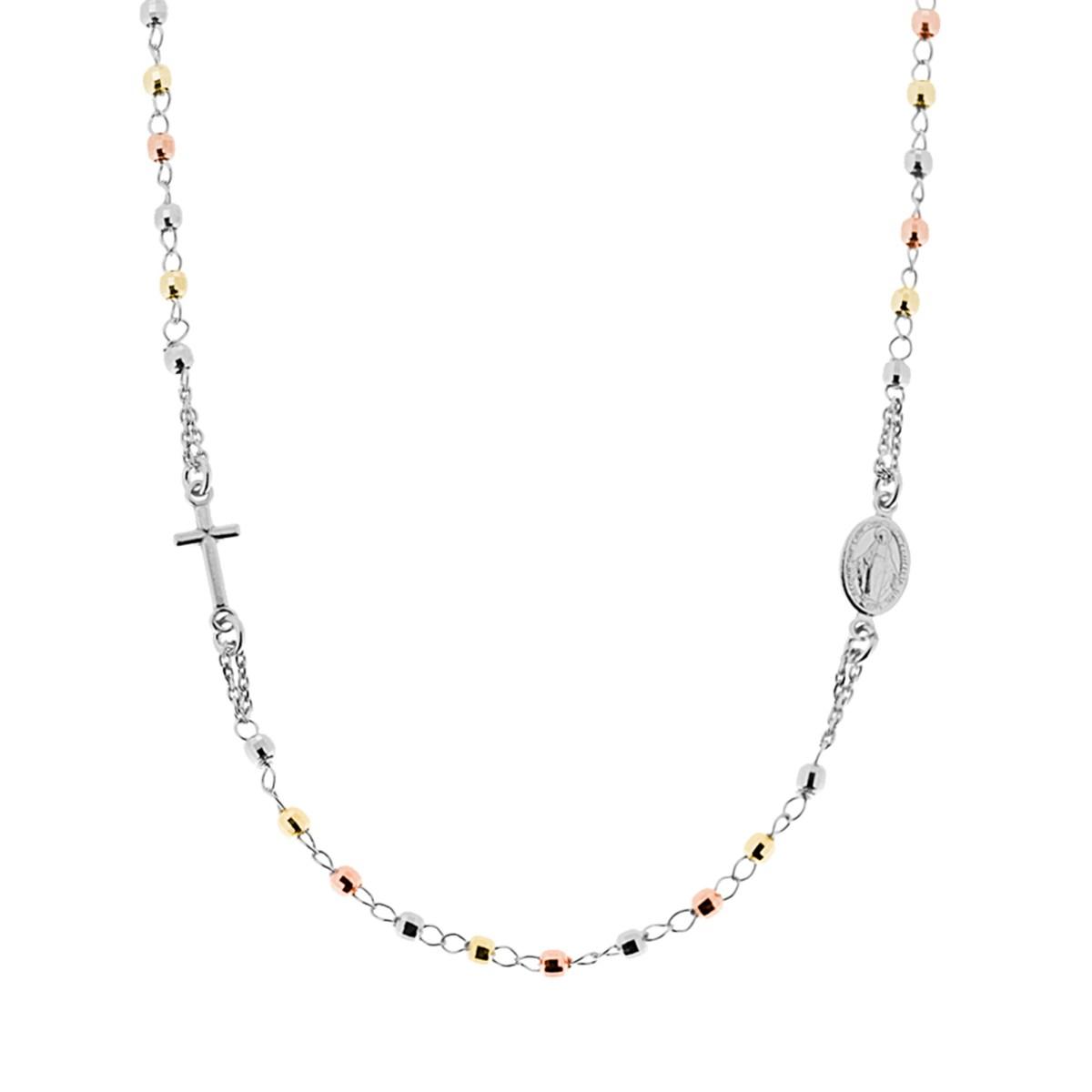 Collana Rosario modello Girocollo cm 50 con Grani a pallina diamantata Tre colori Rodio Oro Rosa mm 3 in ARGENTO 925 Galvanica Rodio
