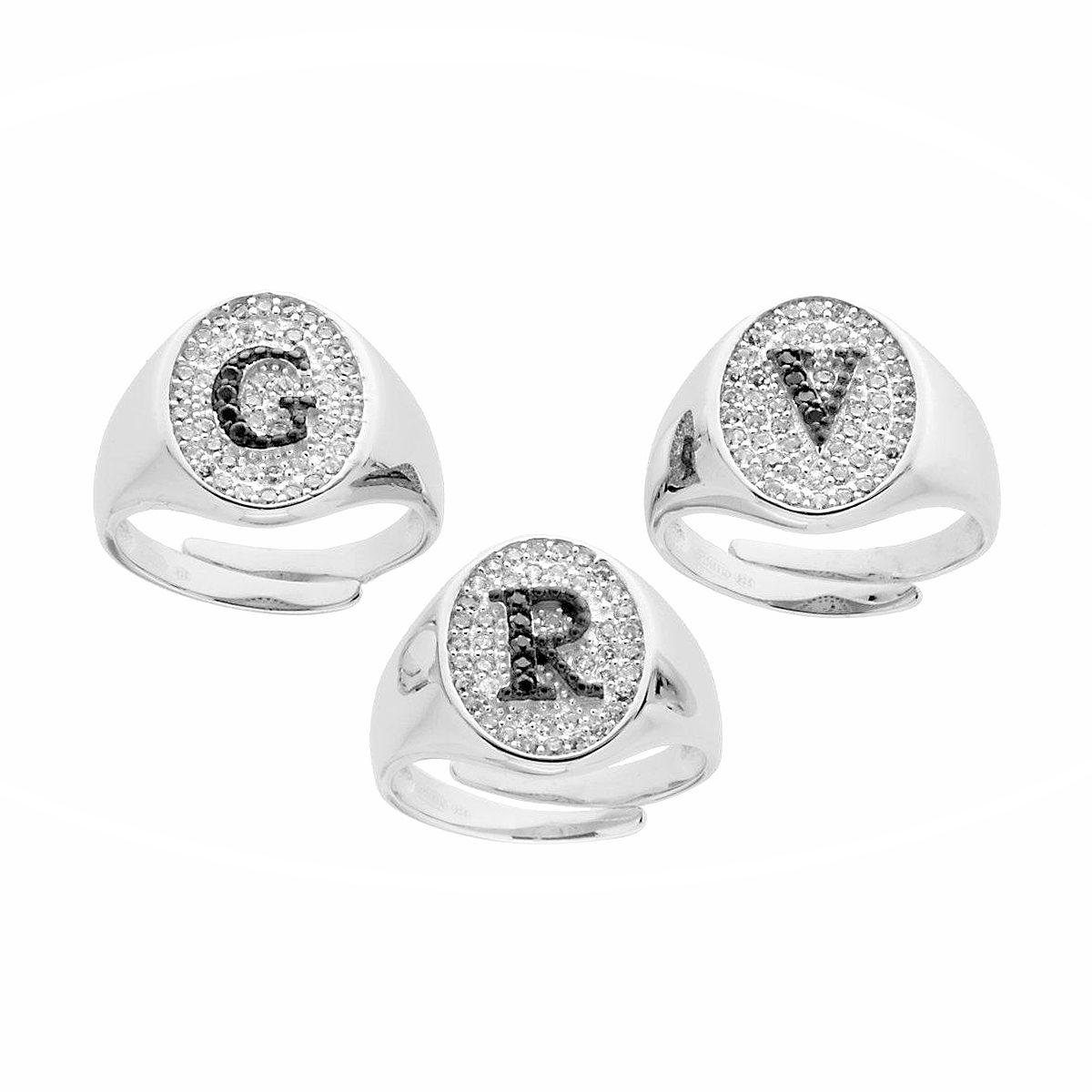 Anello Chevalier con Lettera Iniziale con Zirconi Neri con fondo Zirconi Bianchi in ARGENTO 925 Galvanica Rodio