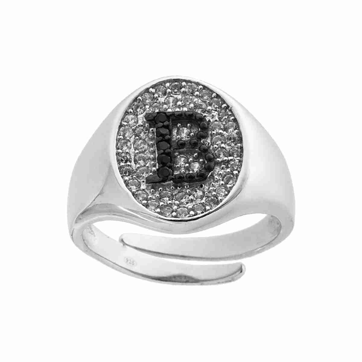 Anello Chevalier con Lettera Iniziale con Zirconi Neri con fondo Zirconi Bianchi in ARGENTO 925 Galvanica Rodio