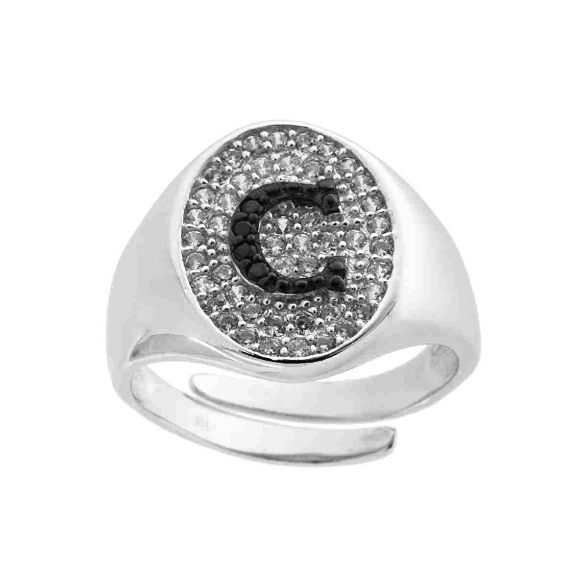 Anello Chevalier con Lettera Iniziale con Zirconi Neri con fondo Zirconi Bianchi in ARGENTO 925 Galvanica Rodio