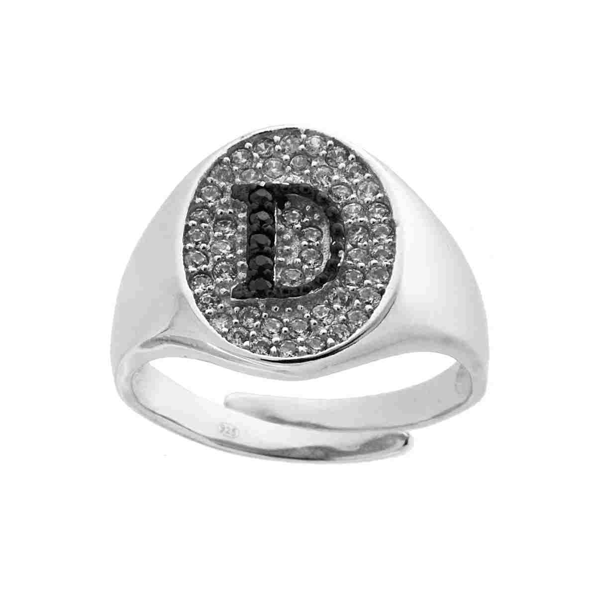 Anello Chevalier con Lettera Iniziale con Zirconi Neri con fondo Zirconi Bianchi in ARGENTO 925 Galvanica Rodio