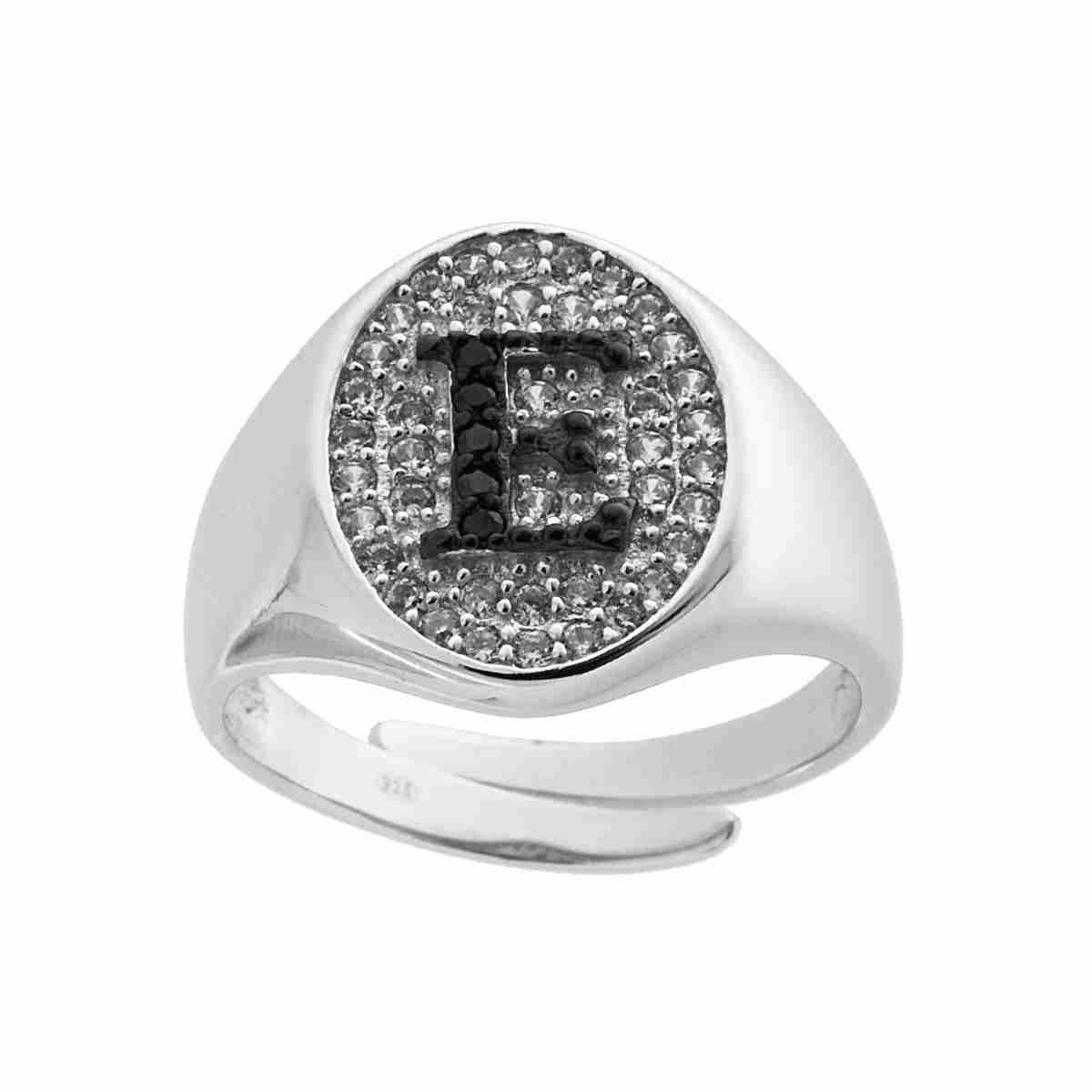 Anello Chevalier con Lettera Iniziale con Zirconi Neri con fondo Zirconi Bianchi in ARGENTO 925 Galvanica Rodio