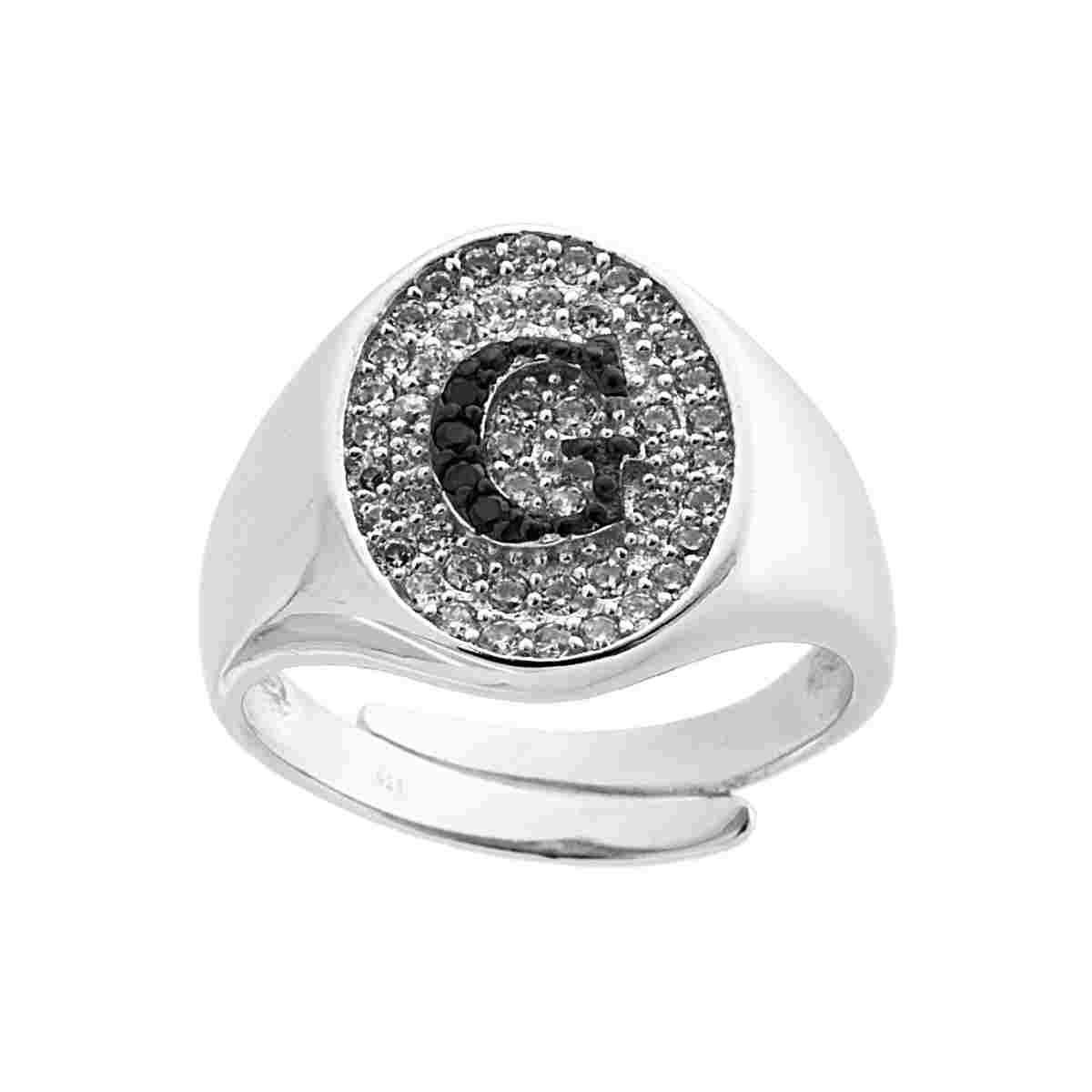 Anello Chevalier con Lettera Iniziale con Zirconi Neri con fondo Zirconi Bianchi in ARGENTO 925 Galvanica Rodio