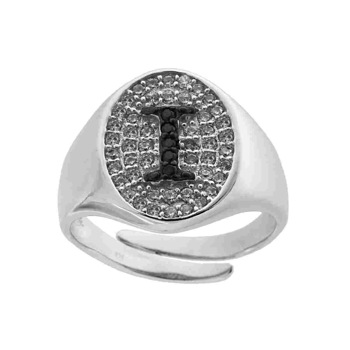 Anello Chevalier con Lettera Iniziale con Zirconi Neri con fondo Zirconi Bianchi in ARGENTO 925 Galvanica Rodio