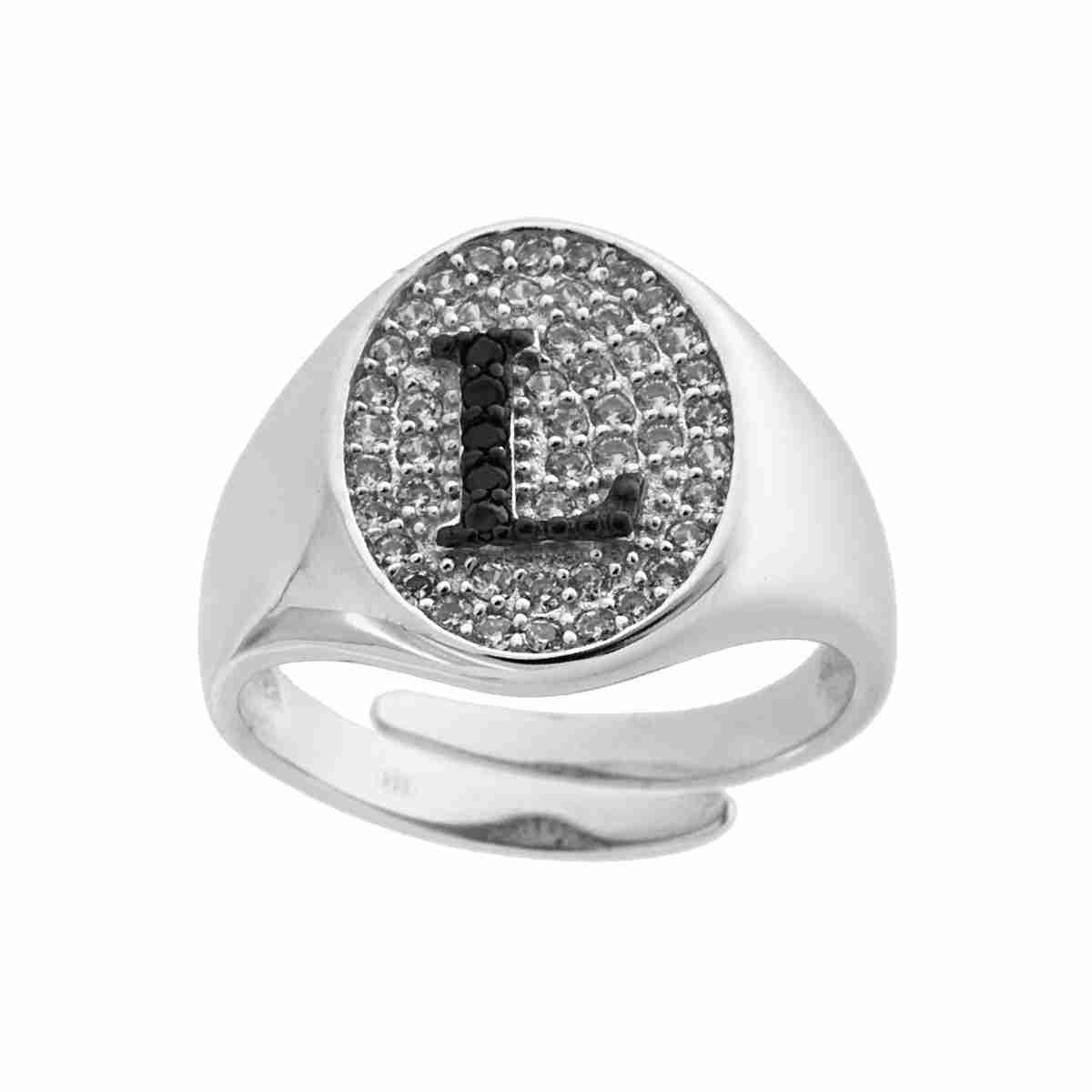 Anello Chevalier con Lettera Iniziale con Zirconi Neri con fondo Zirconi Bianchi in ARGENTO 925 Galvanica Rodio