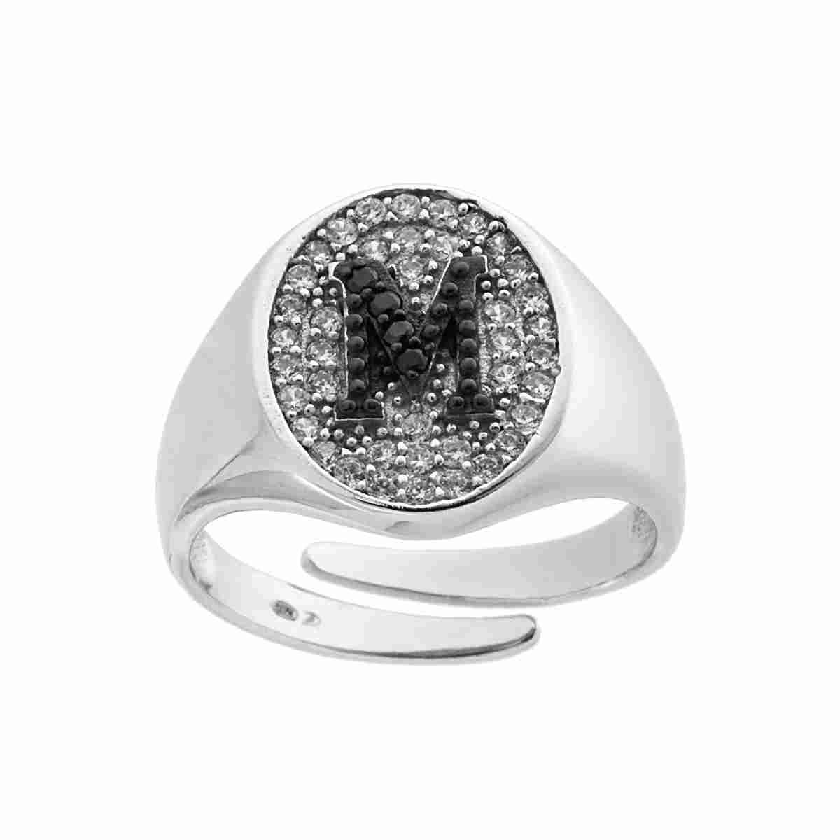 Anello Chevalier con Lettera Iniziale con Zirconi Neri con fondo Zirconi Bianchi in ARGENTO 925 Galvanica Rodio