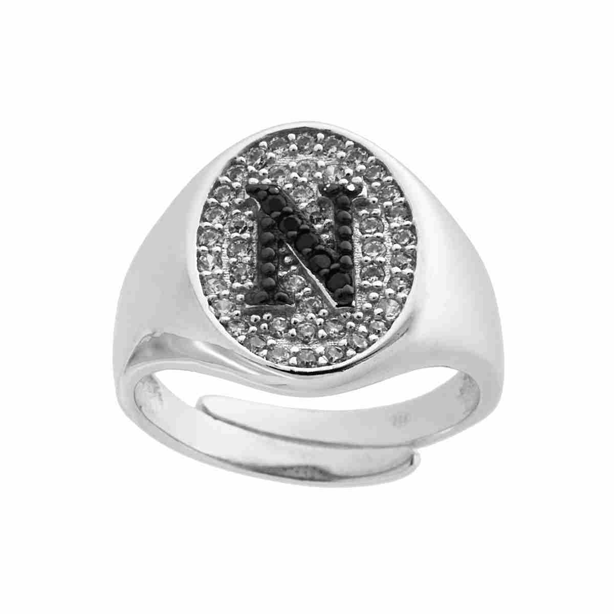 Anello Chevalier con Lettera Iniziale con Zirconi Neri con fondo Zirconi Bianchi in ARGENTO 925 Galvanica Rodio