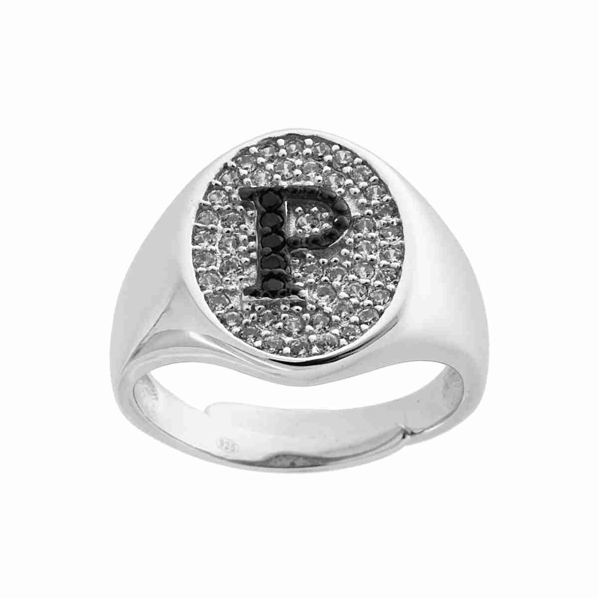 Anello Chevalier con Lettera Iniziale con Zirconi Neri con fondo Zirconi Bianchi in ARGENTO 925 Galvanica Rodio