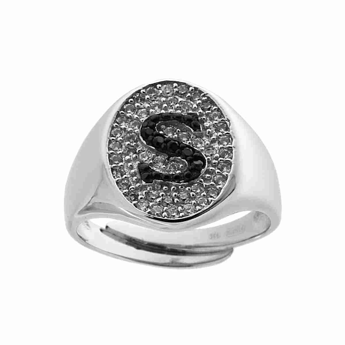 Anello Chevalier con Lettera Iniziale con Zirconi Neri con fondo Zirconi Bianchi in ARGENTO 925 Galvanica Rodio
