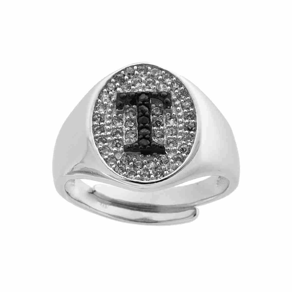Anello Chevalier con Lettera Iniziale con Zirconi Neri con fondo Zirconi Bianchi in ARGENTO 925 Galvanica Rodio