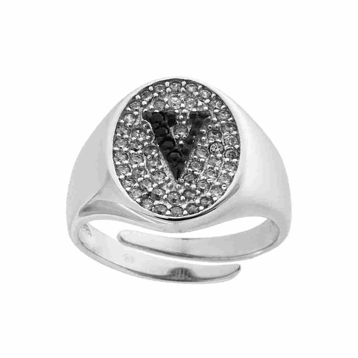 Anello Chevalier con Lettera Iniziale con Zirconi Neri con fondo Zirconi Bianchi in ARGENTO 925 Galvanica Rodio