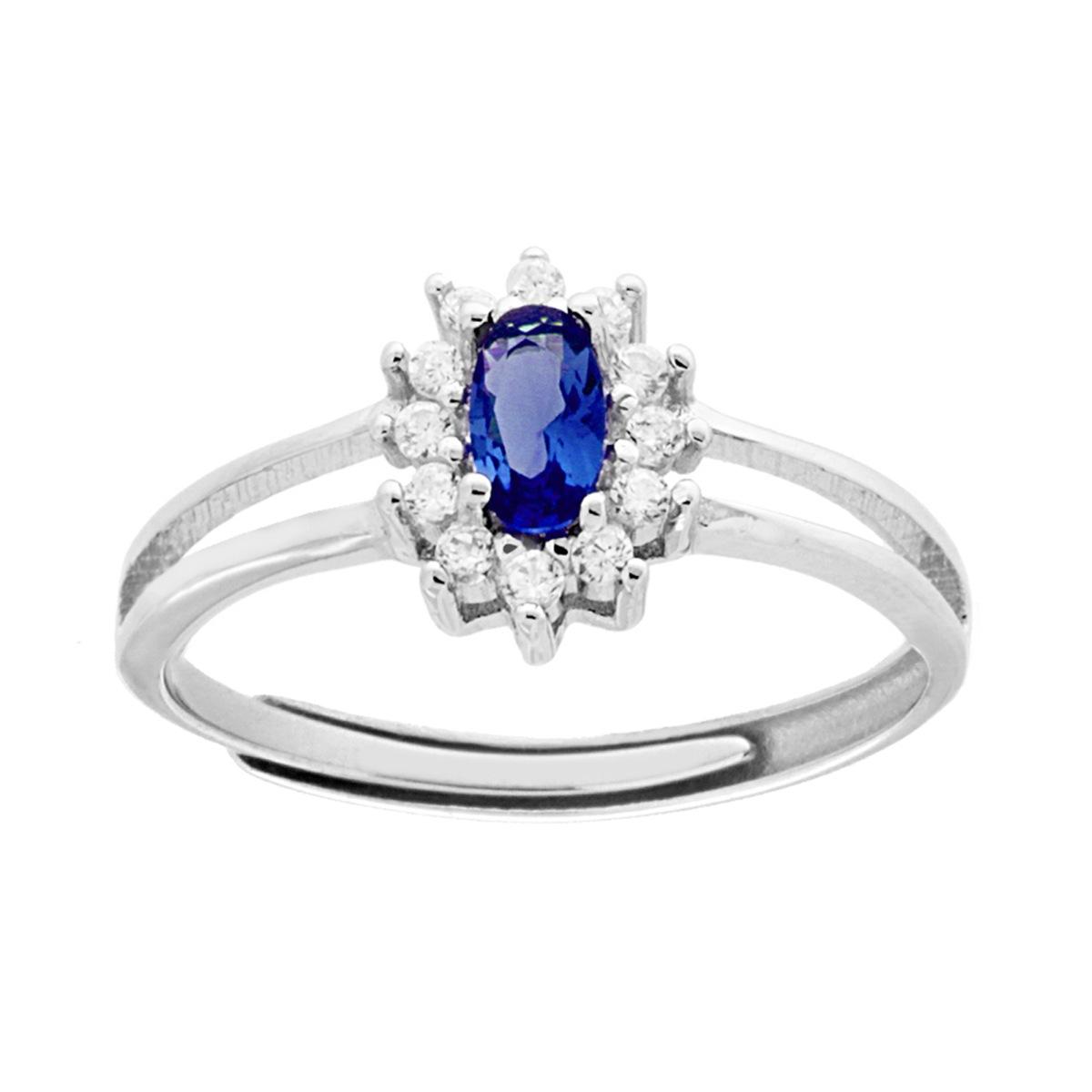 Anello Solitario con Zircone Ovale Blu Zaffiro contornato con Zirconi Bianchi in ARGENTO 925 Galvanica Rodio