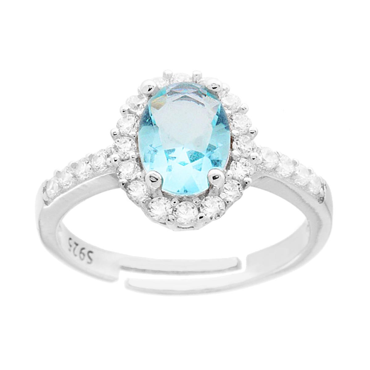 Anello Halo Solitario con Zircone Ovale Acquamarina contornato con Zirconi Bianchi in ARGENTO 925 Galvanica Rodio