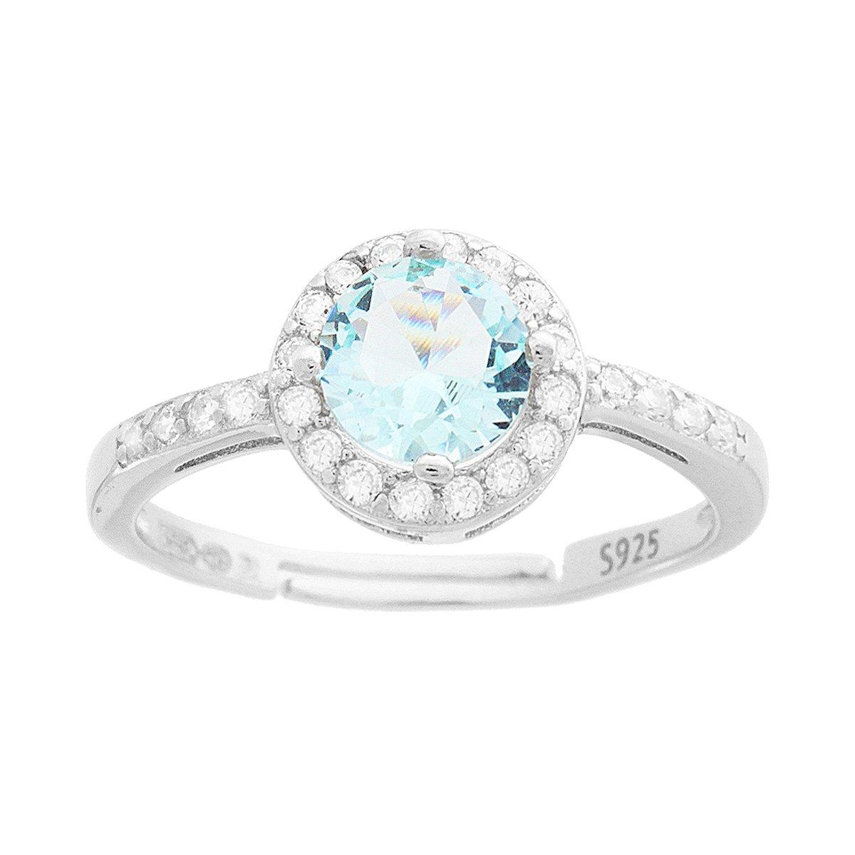 Anello Halo Solitario con Zircone Tondo Acquamarina contornato con Zirconi Bianchi in ARGENTO 925 Galvanica Rodio