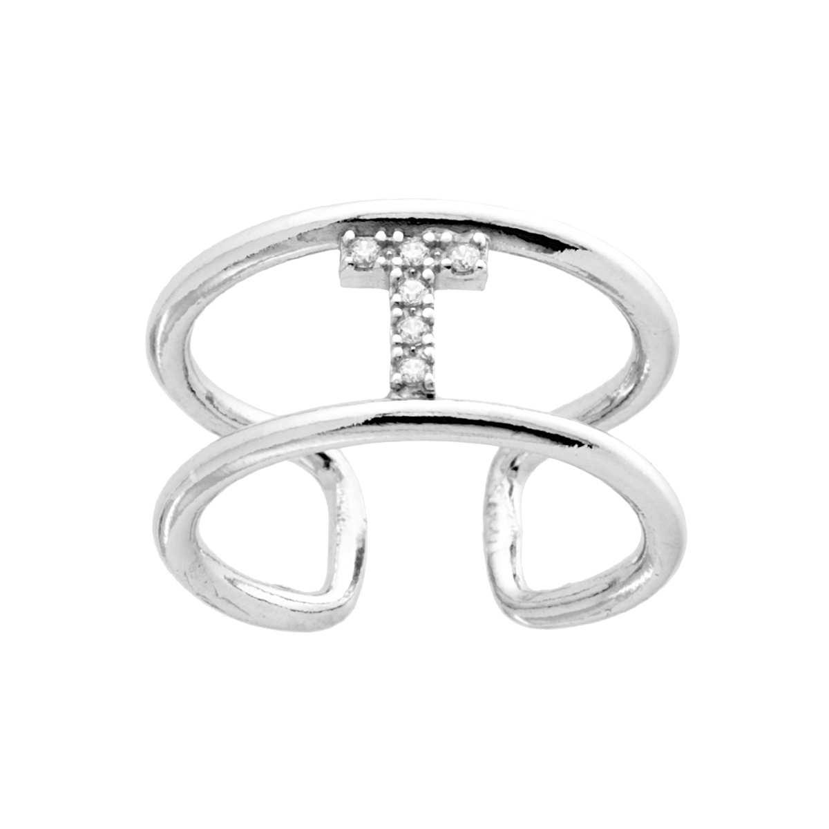 Anello Fascione a doppia gambo con Lettera Iniziale con Zirconi Bianchi in ARGENTO 925 Galvanica Rodio
