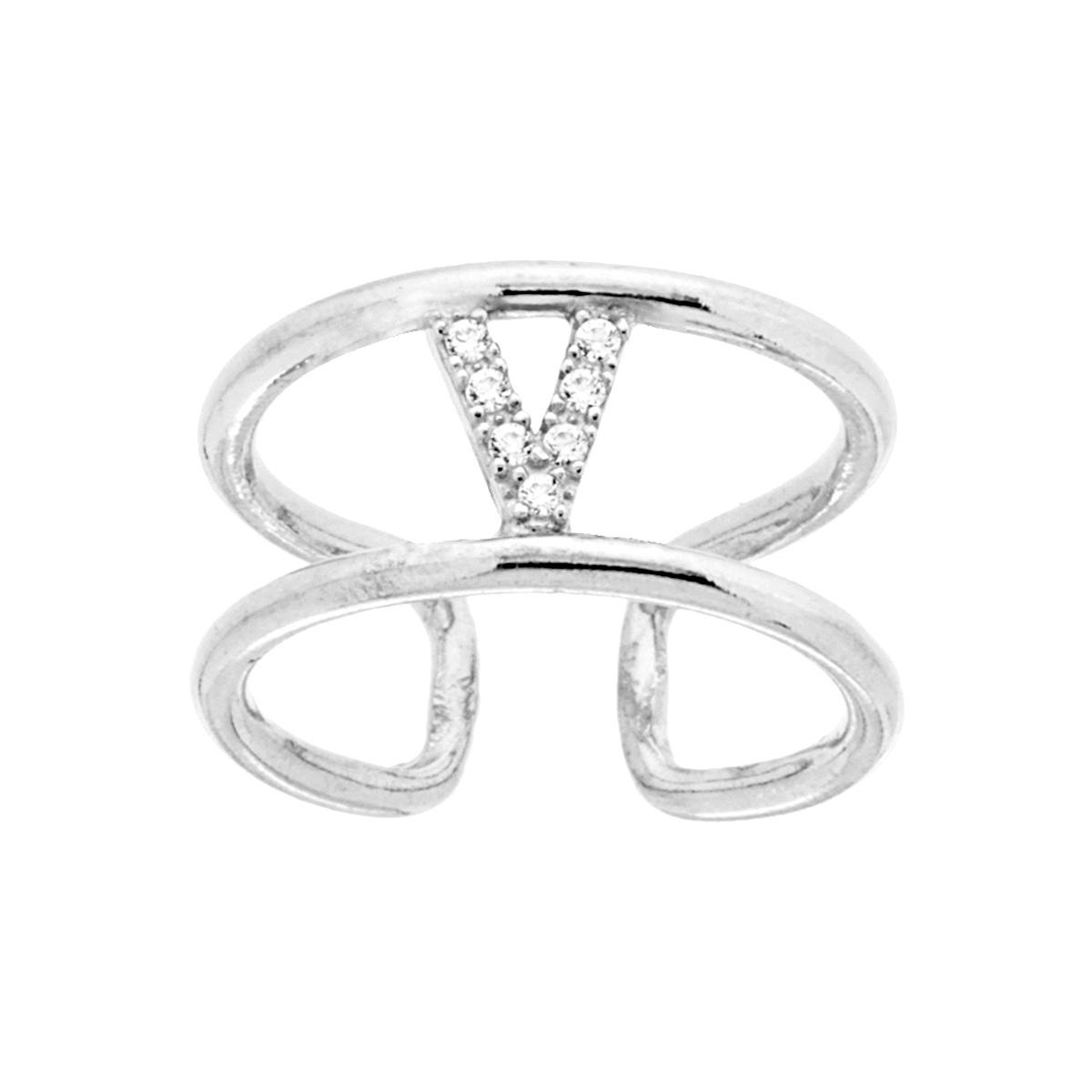 Anello Fascione a doppia gambo con Lettera Iniziale con Zirconi Bianchi in ARGENTO 925 Galvanica Rodio