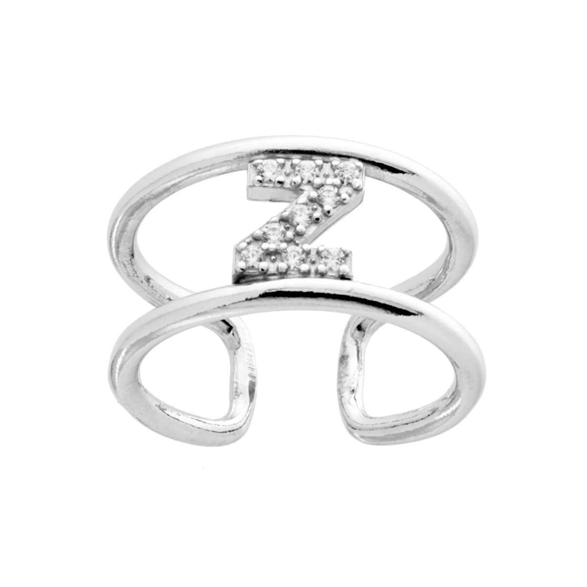 Anello Fascione a doppia gambo con Lettera Iniziale con Zirconi Bianchi in ARGENTO 925 Galvanica Rodio