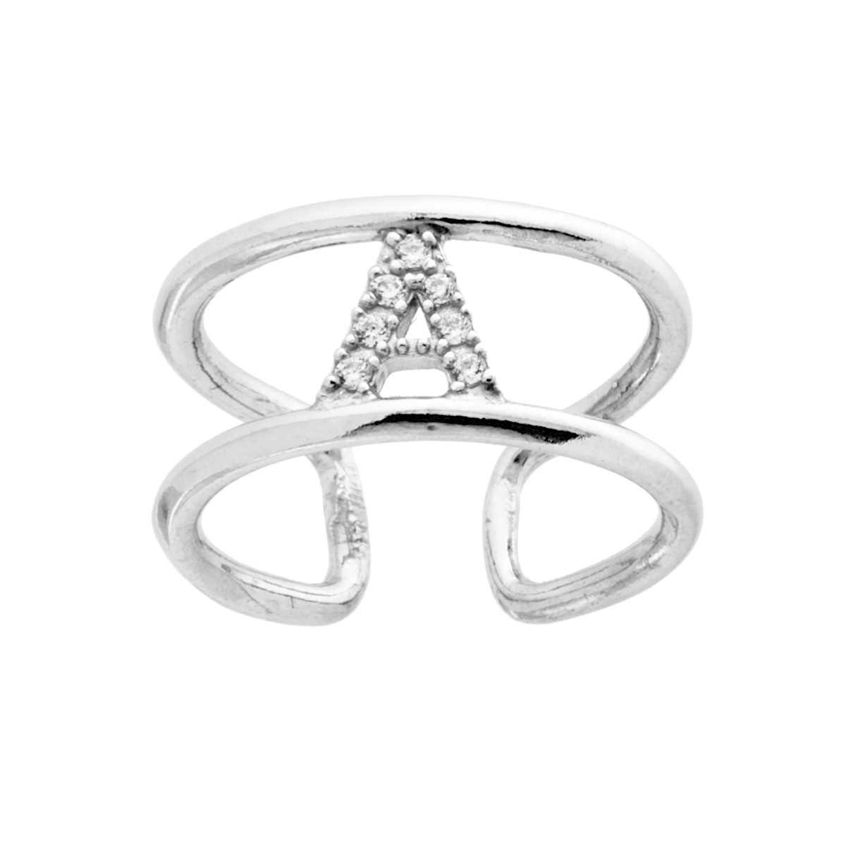 Anello Fascione a doppia gambo con Lettera Iniziale con Zirconi Bianchi in ARGENTO 925 Galvanica Rodio