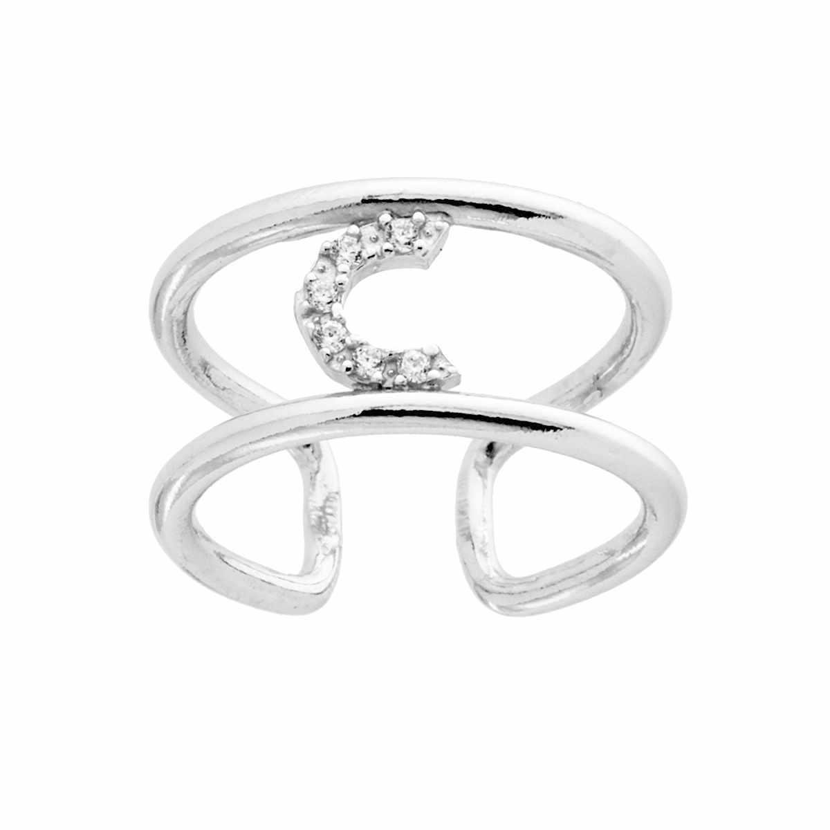 Anello Fascione a doppia gambo con Lettera Iniziale con Zirconi Bianchi in ARGENTO 925 Galvanica Rodio