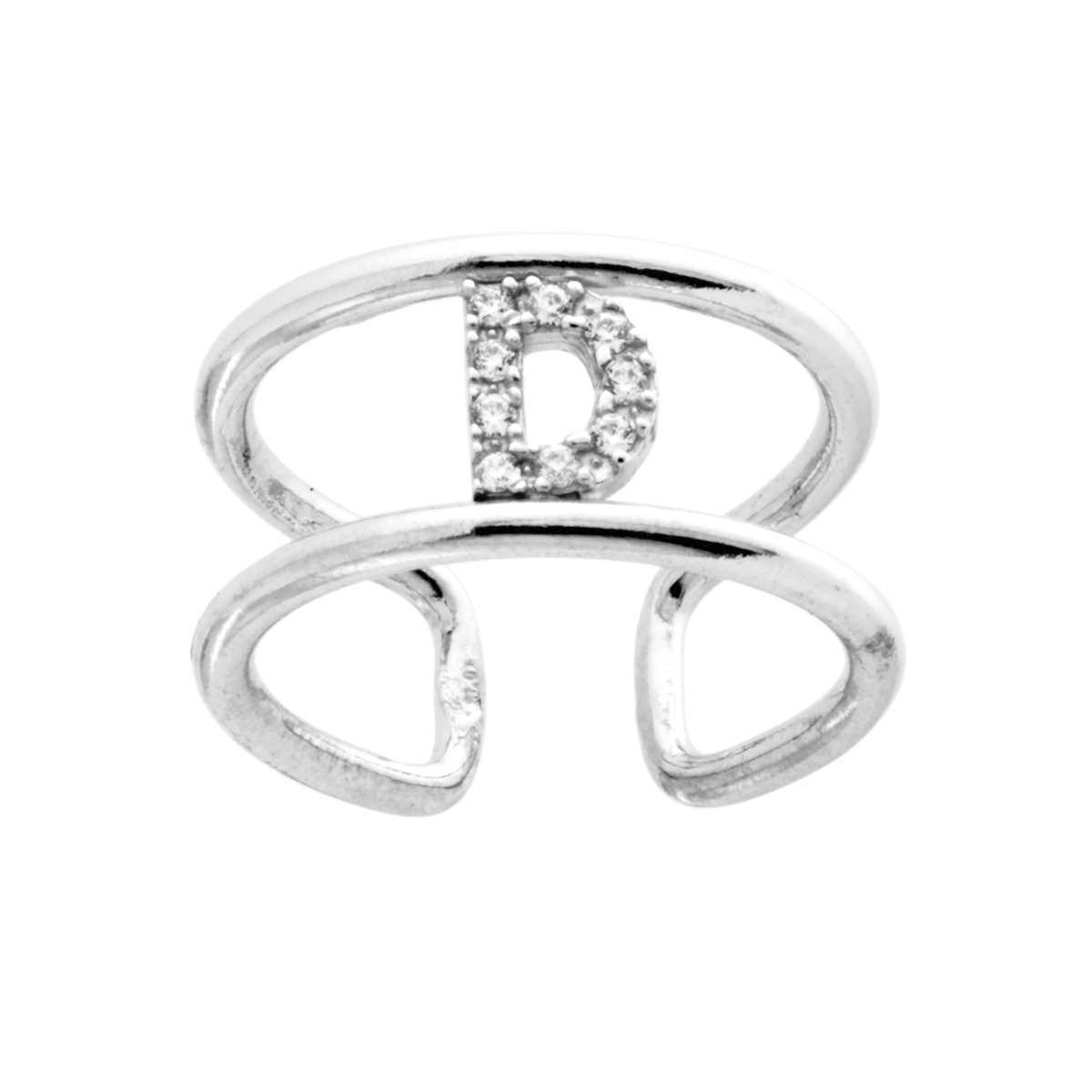 Anello Fascione a doppia gambo con Lettera Iniziale con Zirconi Bianchi in ARGENTO 925 Galvanica Rodio