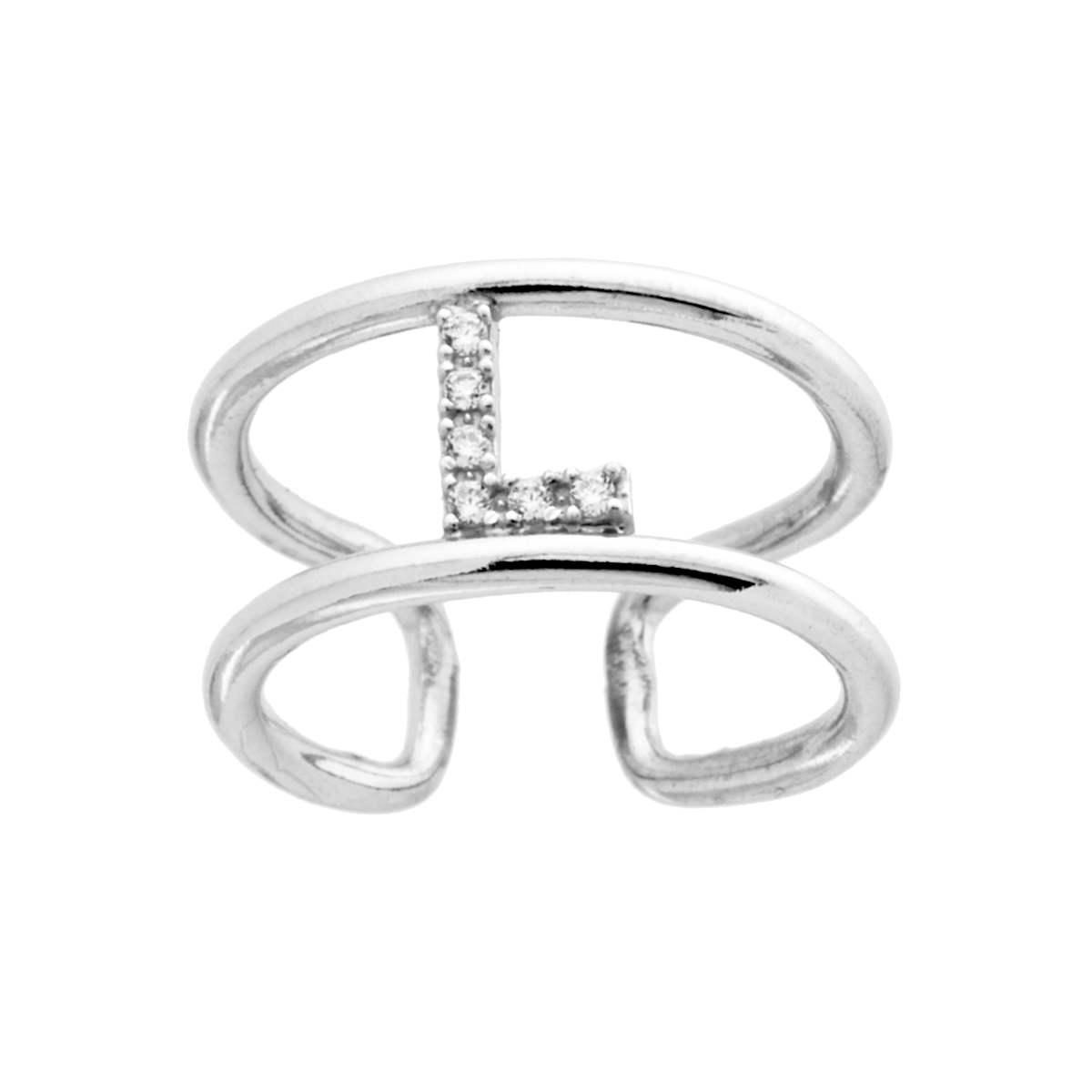Anello Fascione a doppia gambo con Lettera Iniziale con Zirconi Bianchi in ARGENTO 925 Galvanica Rodio
