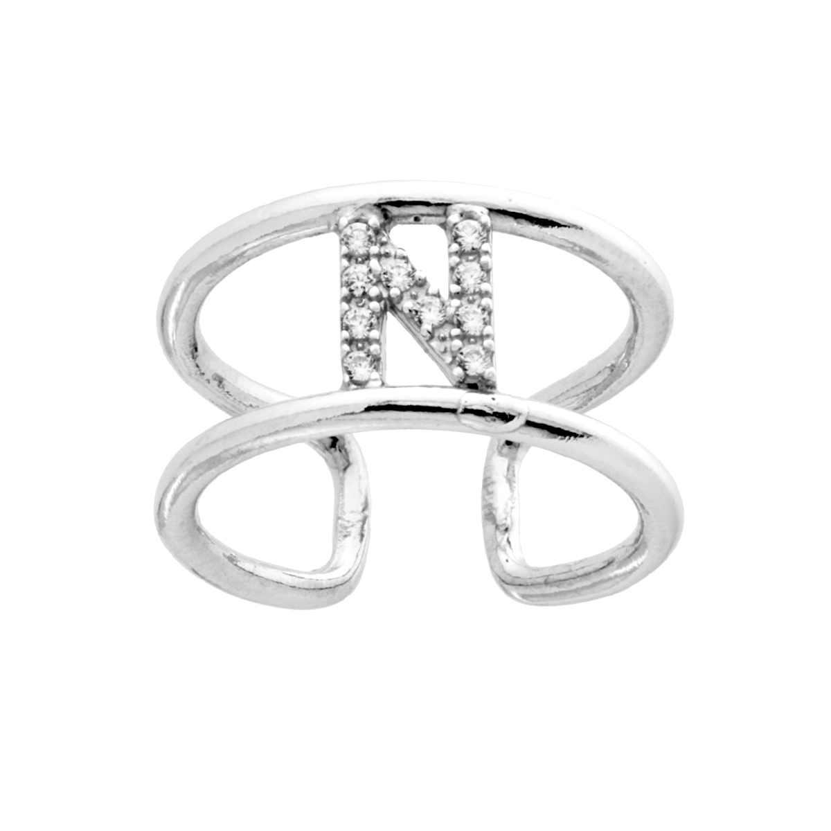 Anello Fascione a doppia gambo con Lettera Iniziale con Zirconi Bianchi in ARGENTO 925 Galvanica Rodio