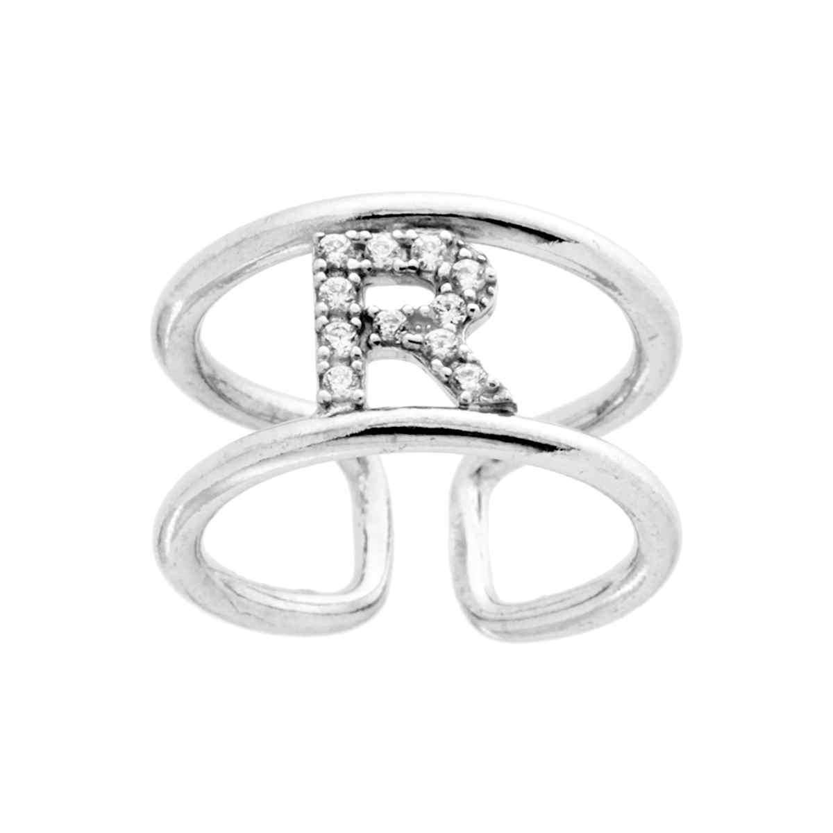 Anello Fascione a doppia gambo con Lettera Iniziale con Zirconi Bianchi in ARGENTO 925 Galvanica Rodio