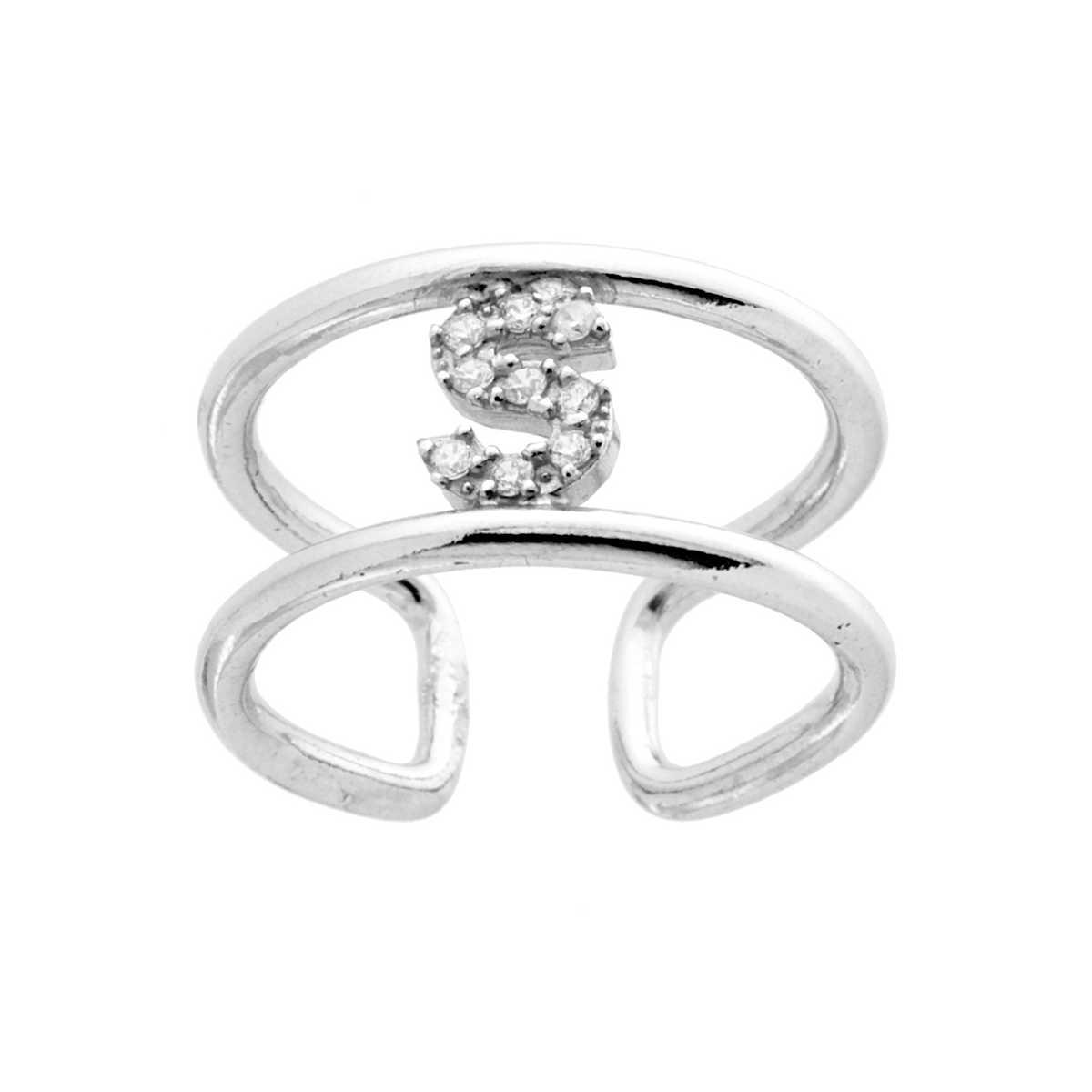 Anello Fascione a doppia gambo con Lettera Iniziale con Zirconi Bianchi in ARGENTO 925 Galvanica Rodio