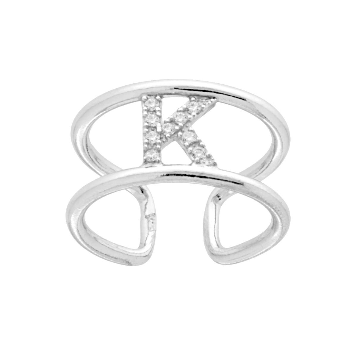Anello Fascione a doppia gambo con Lettera Iniziale con Zirconi Bianchi in ARGENTO 925 Galvanica Rodio