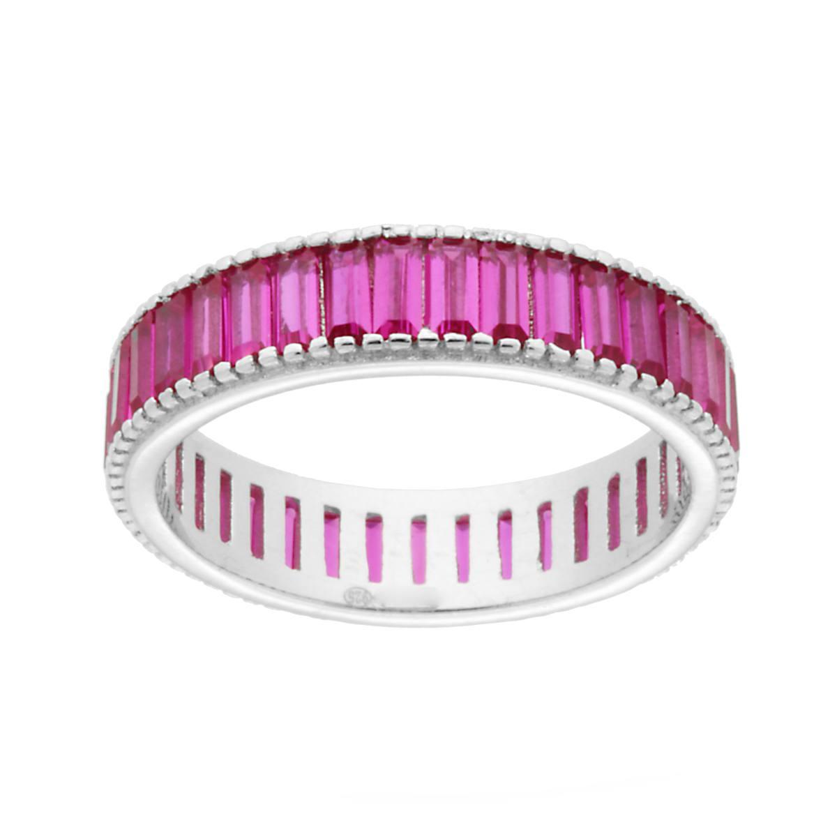 Anello Eternity con con Cubic Zirconia Rosso Rubino taglio Baguette in ARGENTO 925 Galvanica Rodio