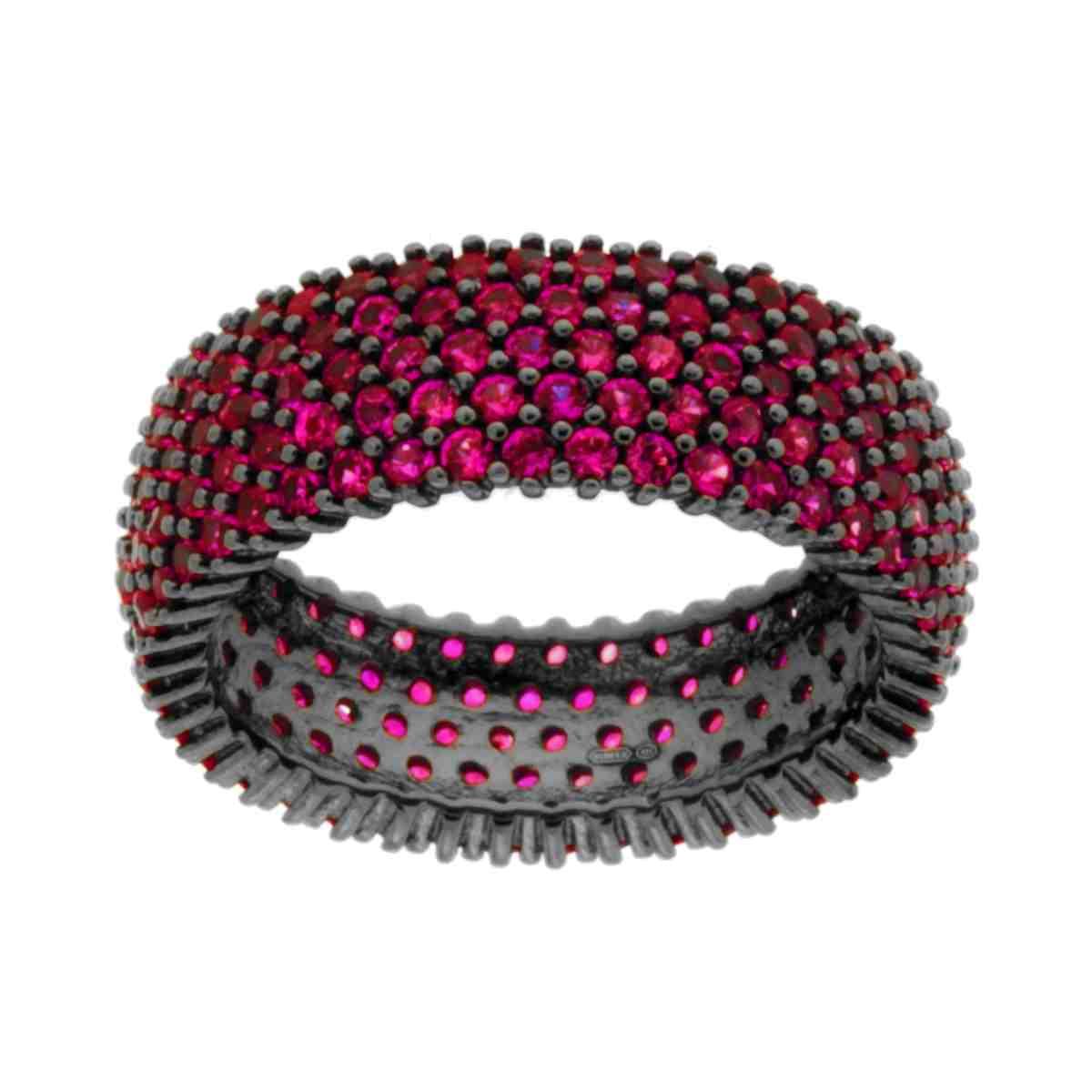 Anello Fascia Fascione con Cubic Zirconia Rosso Rubino in ARGENTO 925 Galvanica Rutenio