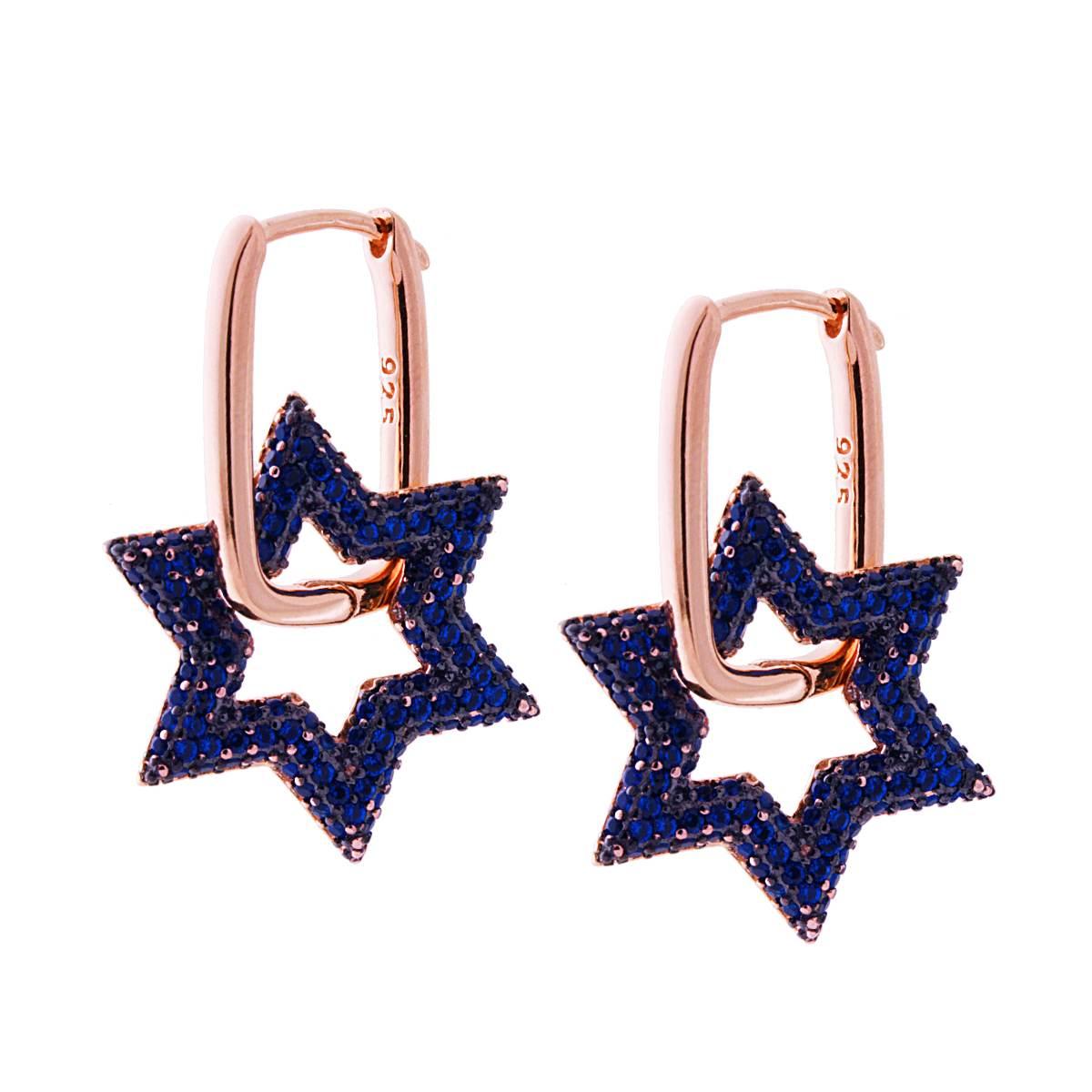 Orecchini Chiusura Inglese con Stella pendente e Zirconi Blu Zaffiro in ARGENTO 925 Galvanica Rosa