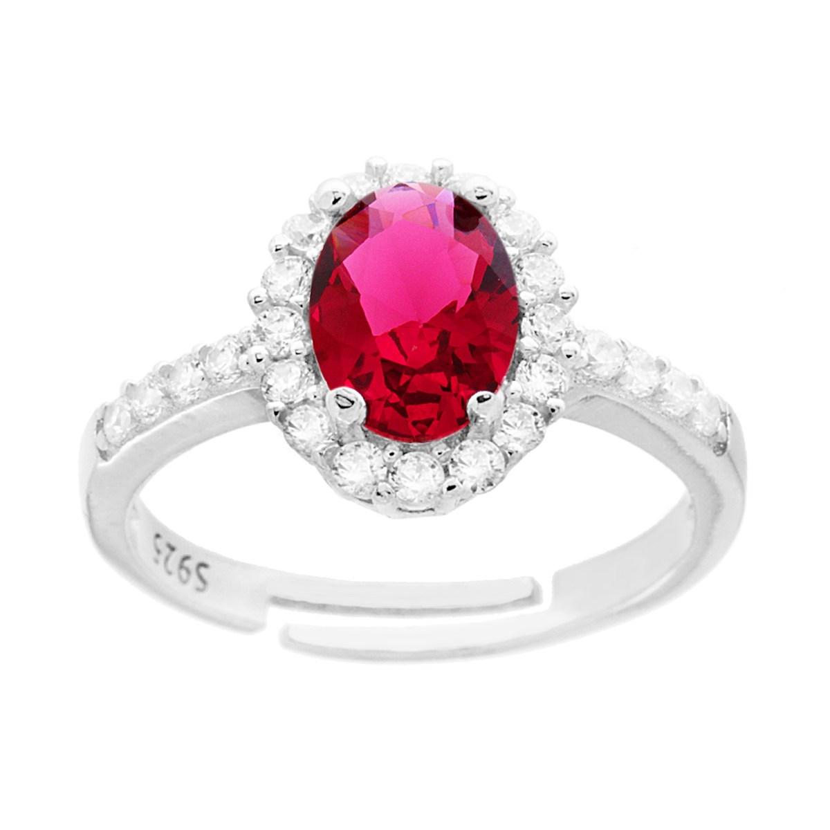 Anello Halo Solitario con Zircone ovale Rosso Rubino contornato con Zirconi Bianchi in ARGENTO 925 Galvanica Rodio