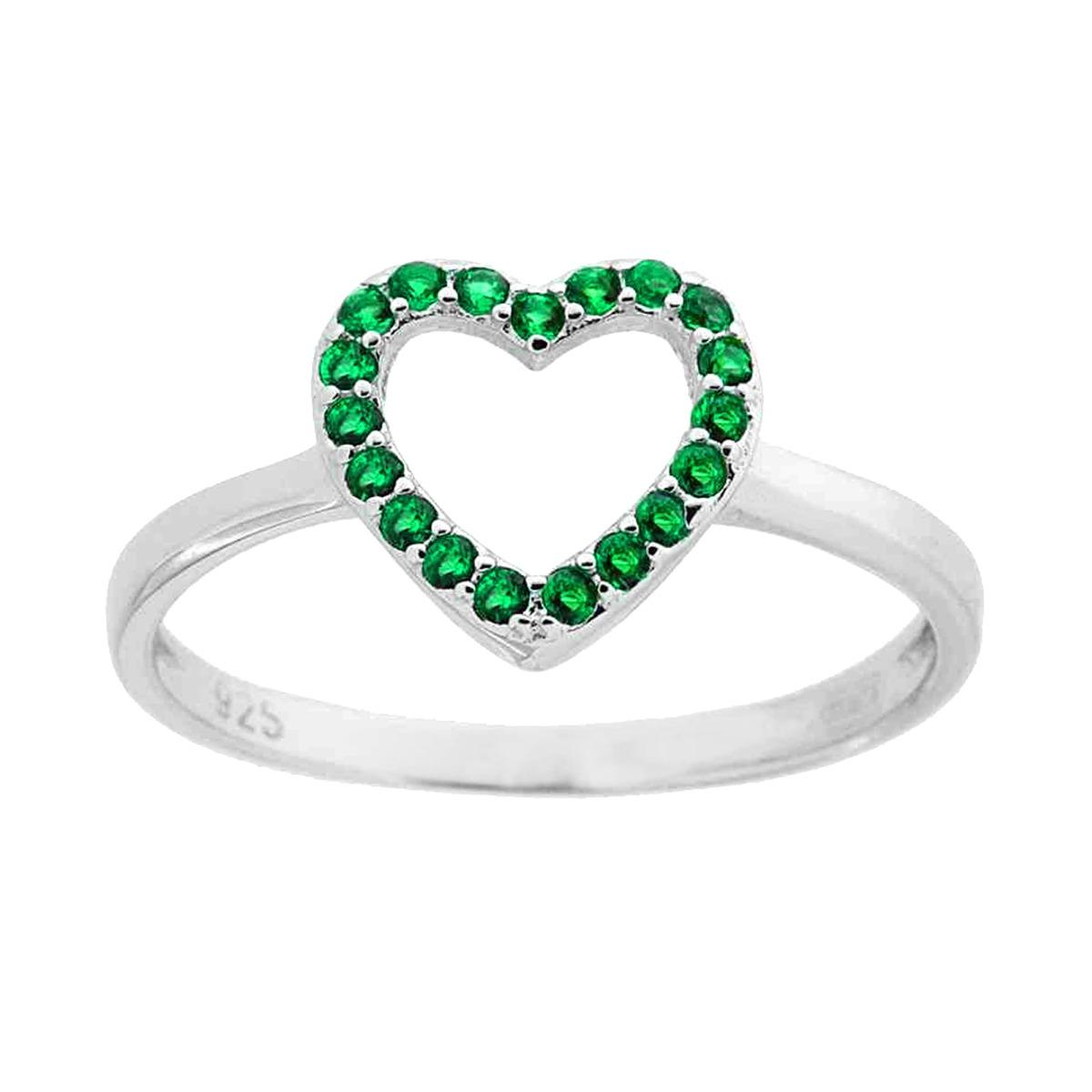Anello Cuore con Cubic Zirconia Verde Smeraldo in ARGENTO 925 Galvanica Rodio