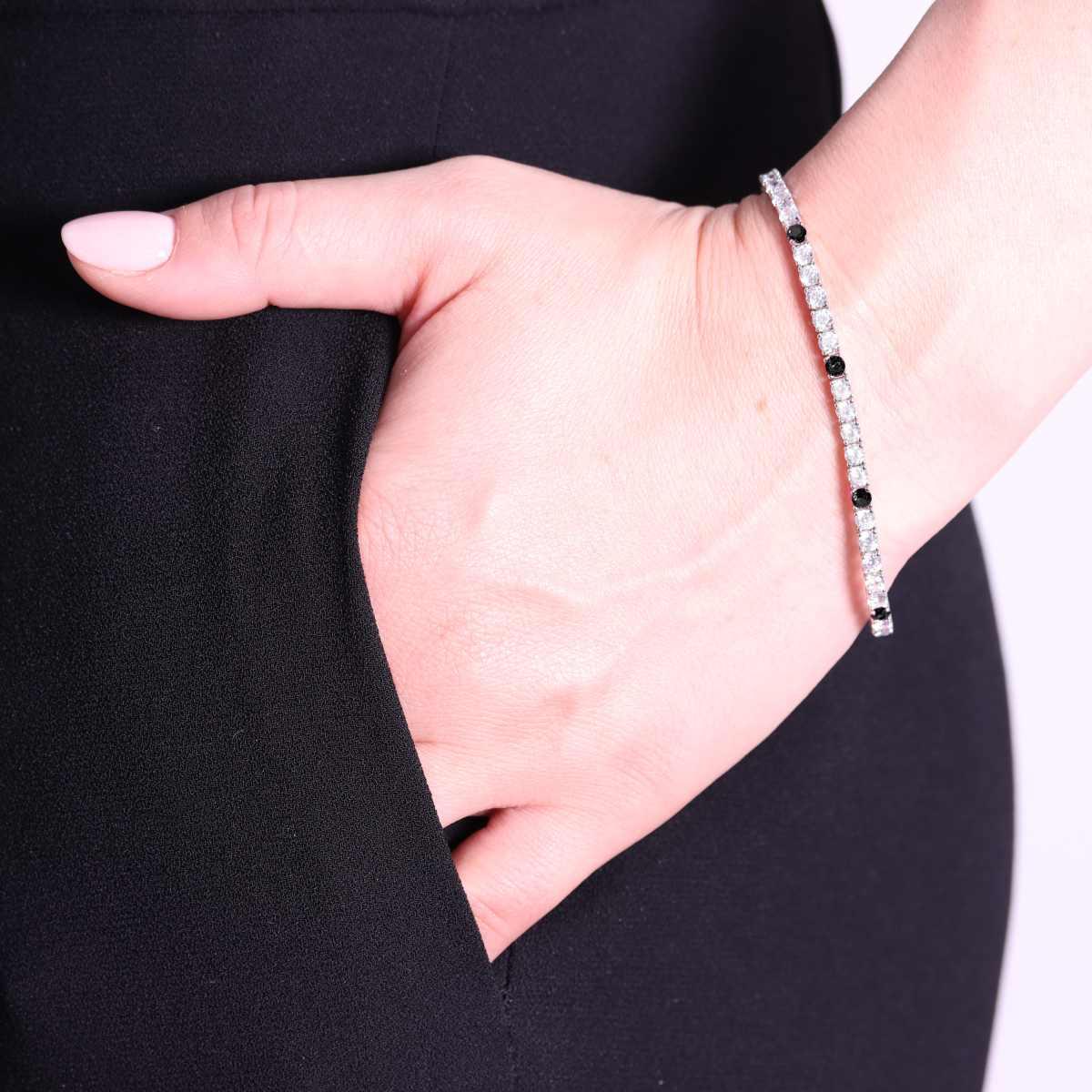 Bracciale Tennis Griffe cm 18 con Zirconi mm 3 Bianchi e Neri alternati in ARGENTO 925 Galvanica Rodio