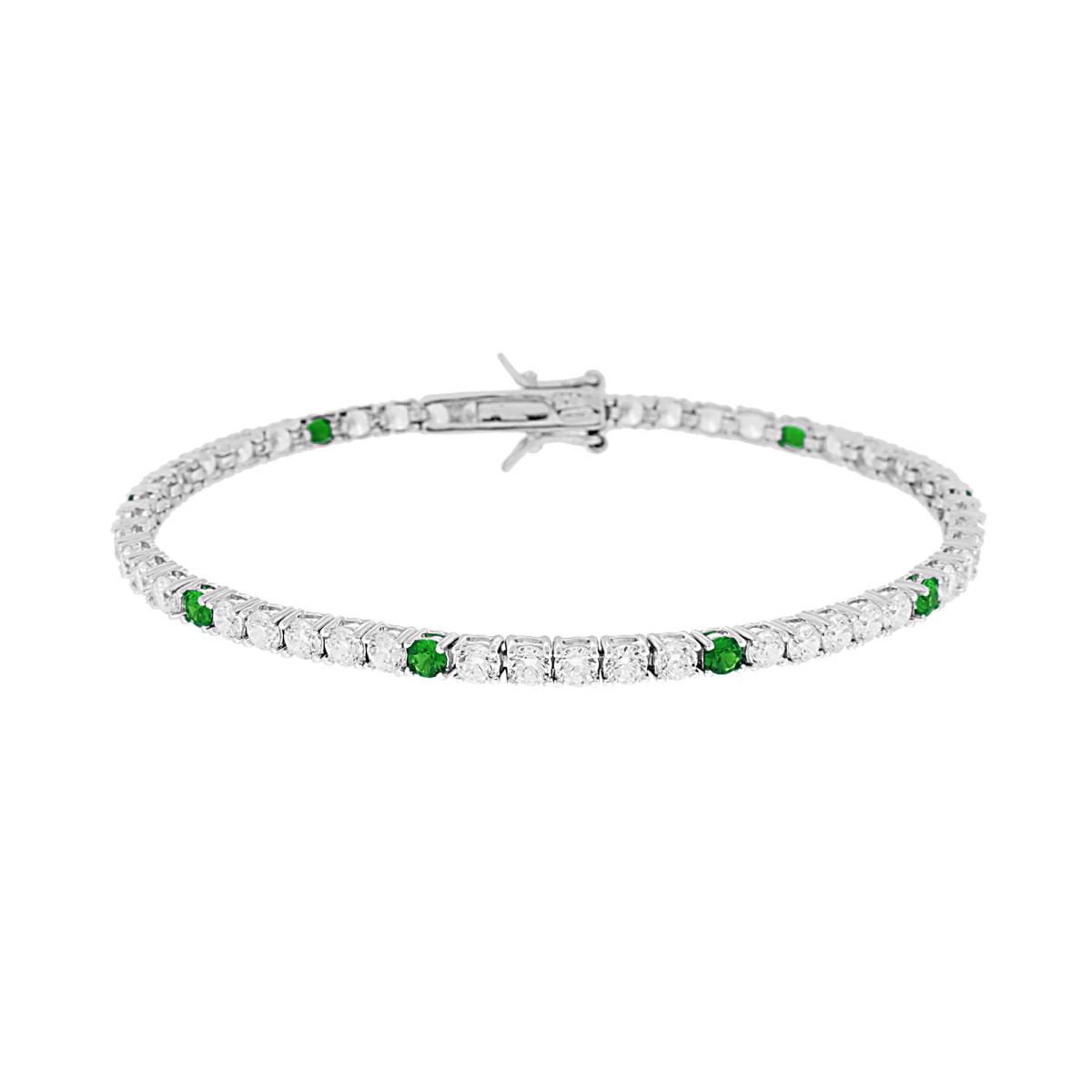 Bracciale Tennis Griffe cm 18 con Zirconi mm 3 Bianchi e Verde Smeraldo alternati in ARGENTO 925 Galvanica Rodio