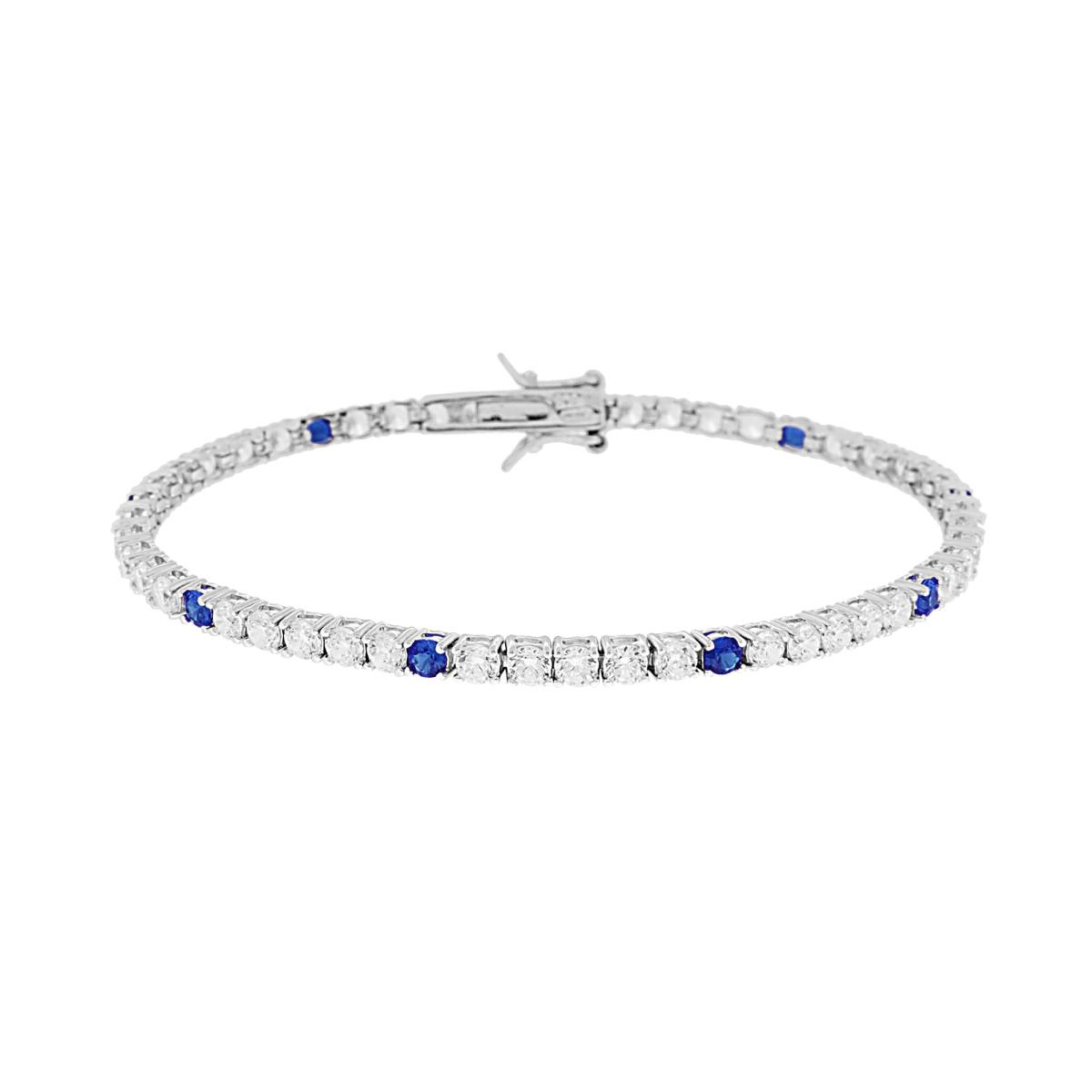Bracciale Tennis Griffe cm 18 con Zirconi mm 3 Bianchi e Blu Zaffiro alternati in ARGENTO 925 Galvanica Rodio