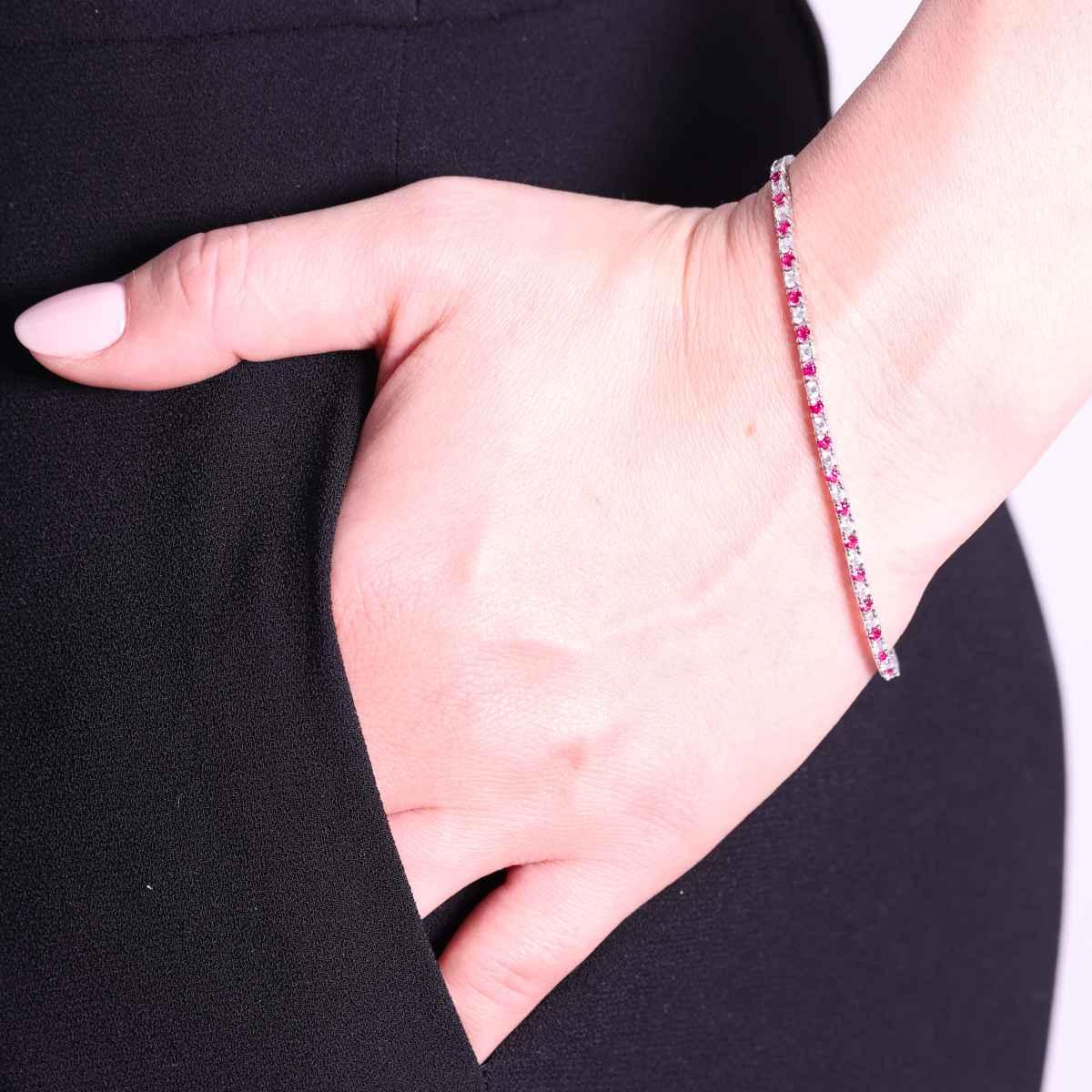 Bracciale Tennis Griffe cm 18 con Zirconi mm 2 Bianchi e Rosso Rubino alternati in ARGENTO 925 Galvanica Rodio