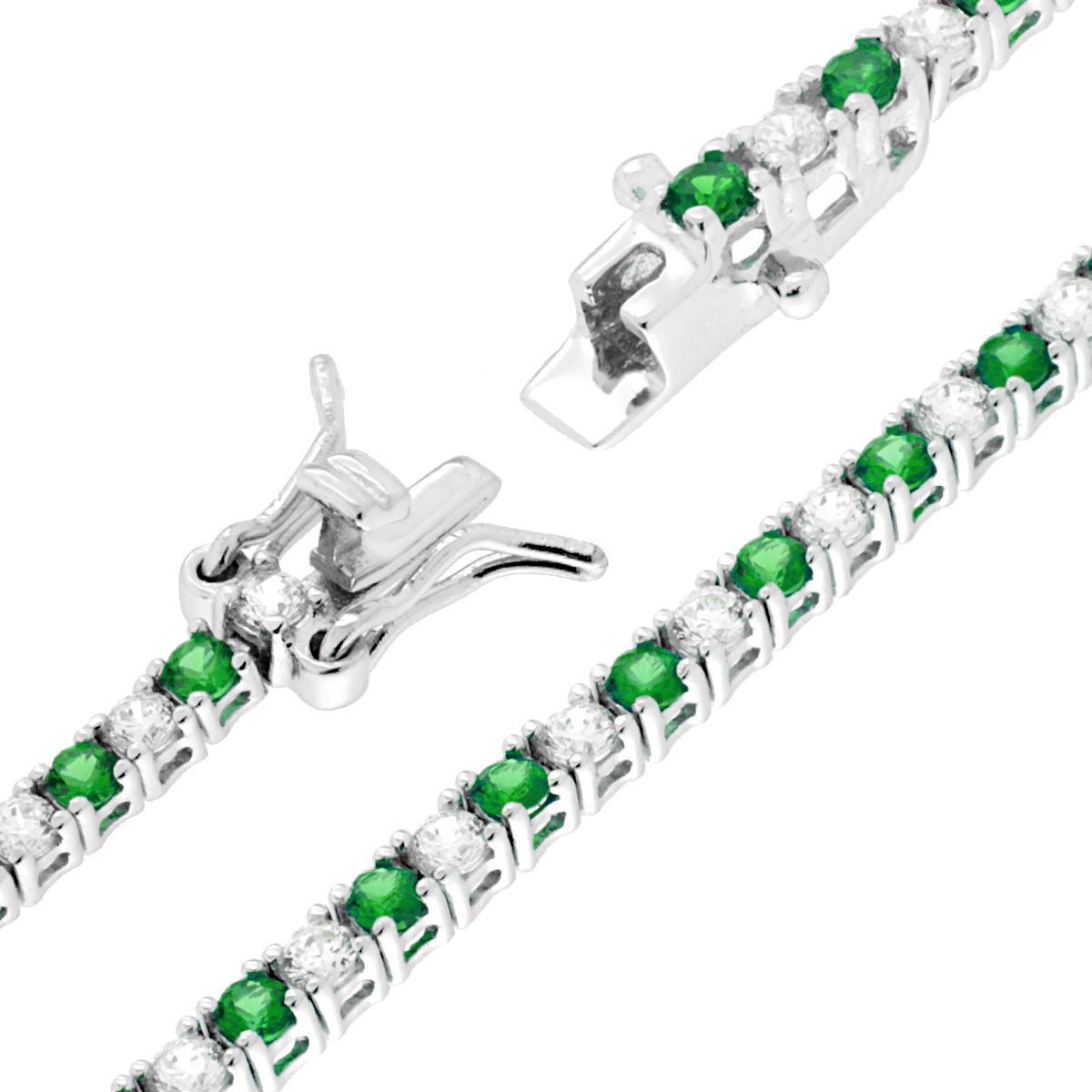 Bracciale Tennis Griffe cm 18 con Zirconi mm 2 Bianchi e Verde Smeraldo alternati in ARGENTO 925 Galvanica Rodio
