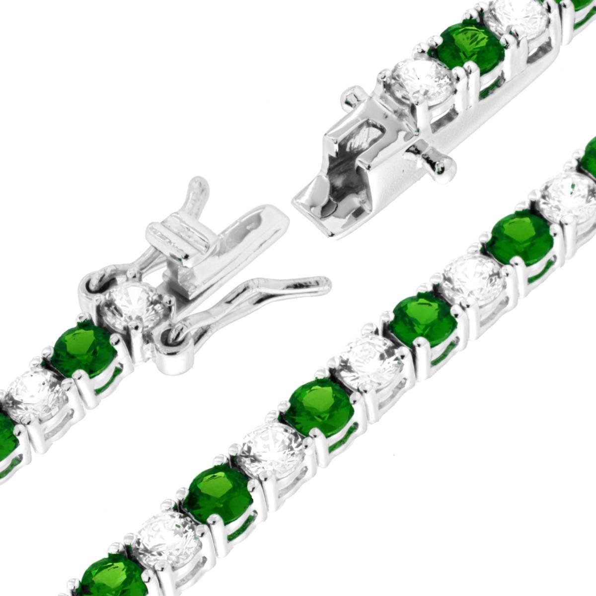 Bracciale Tennis Griffe cm 18 con Zirconi mm 3 Bianchi e Verde Smeraldo alternati in ARGENTO 925 Galvanica Rodio