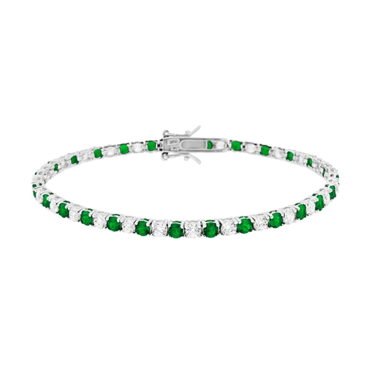 Bracciale Tennis Griffe cm 18 con Zirconi mm 3 Bianchi e Verde Smeraldo alternati in ARGENTO 925 Galvanica Rodio