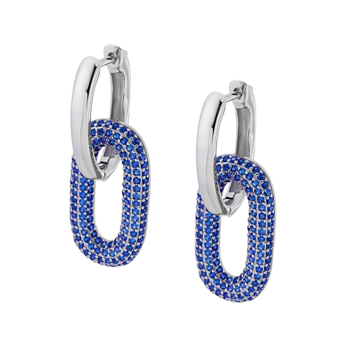 Orecchini Chiusura Inglese con Ovale pendente e Zirconi Blu Zaffiro in ARGENTO 925 Galvanica Rodio