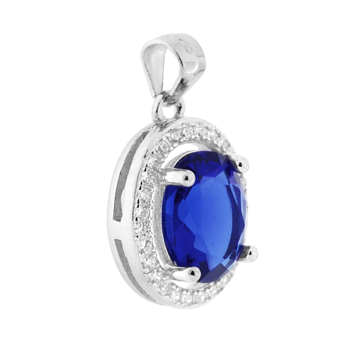 Ciondolo con Zircone Ovale Blu Zaffiro contornato da Zirconi Bianchi in ARGENTO 925 Galvanica Rodio