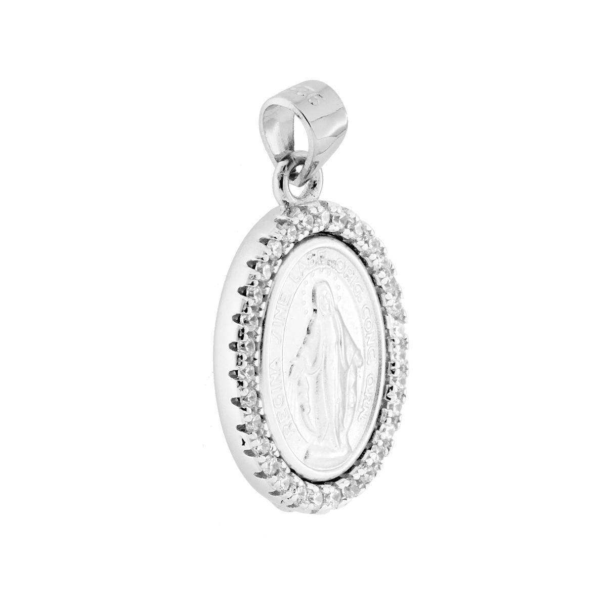 Ciondolo Medaglia Ovale 17 mm con Madonna Miracolosa e Zirconi Bianchi in ARGENTO 925 Galvanica Rodio