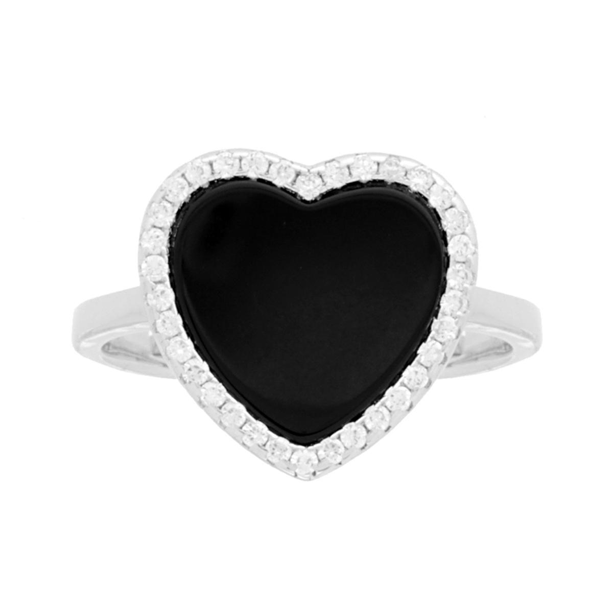 Anello Amore con Cuore Onice Nero contornato da Cubic Zirconia Bianchi in ARGENTO 925 Galvanica Rodio
