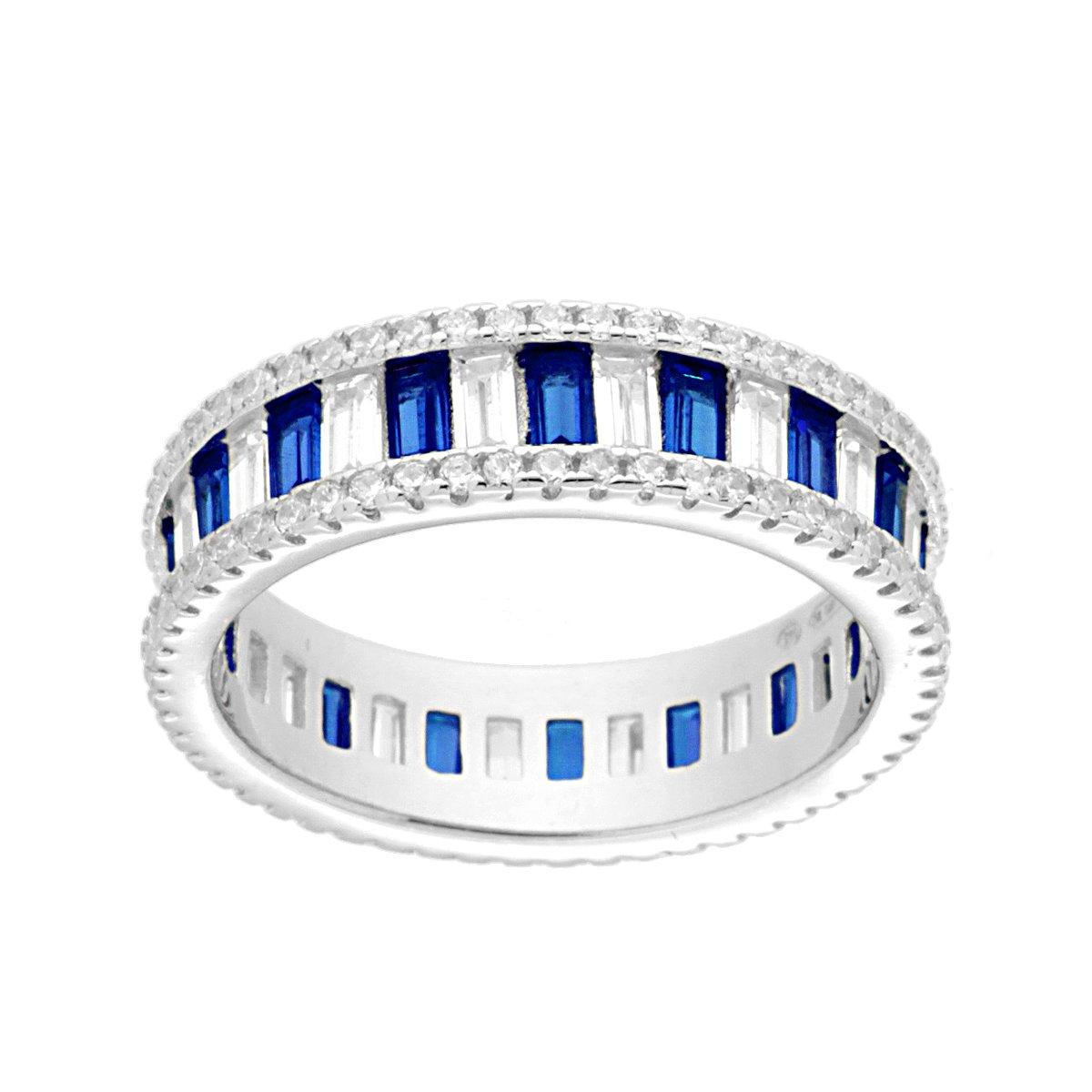 Anello Eternity con Cubic Zirconia taglio Baguette alternati Bianchi e Blu Zaffiro in ARGENTO 925 Galvanica Rodio