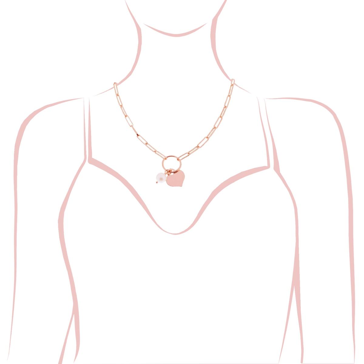 Collana catena Forzatina Allungata Rettangolare con Cuore e Perla pendente in ARGENTO 925 Galvanica Rosa