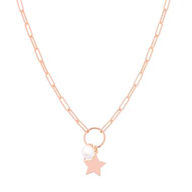 Collana catena Forzatina Allungata Rettangolare con Stella e Perla pendente in ARGENTO 925 Galvanica Rosa